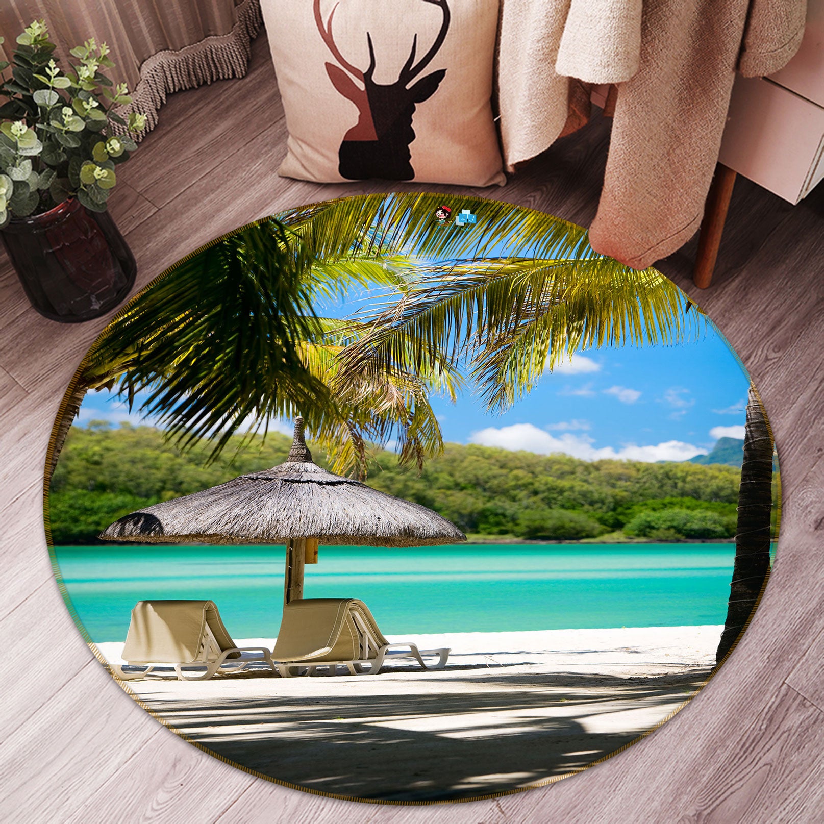 3D Beach Coconut Tree 72142 Round Non Slip Rug Mat
