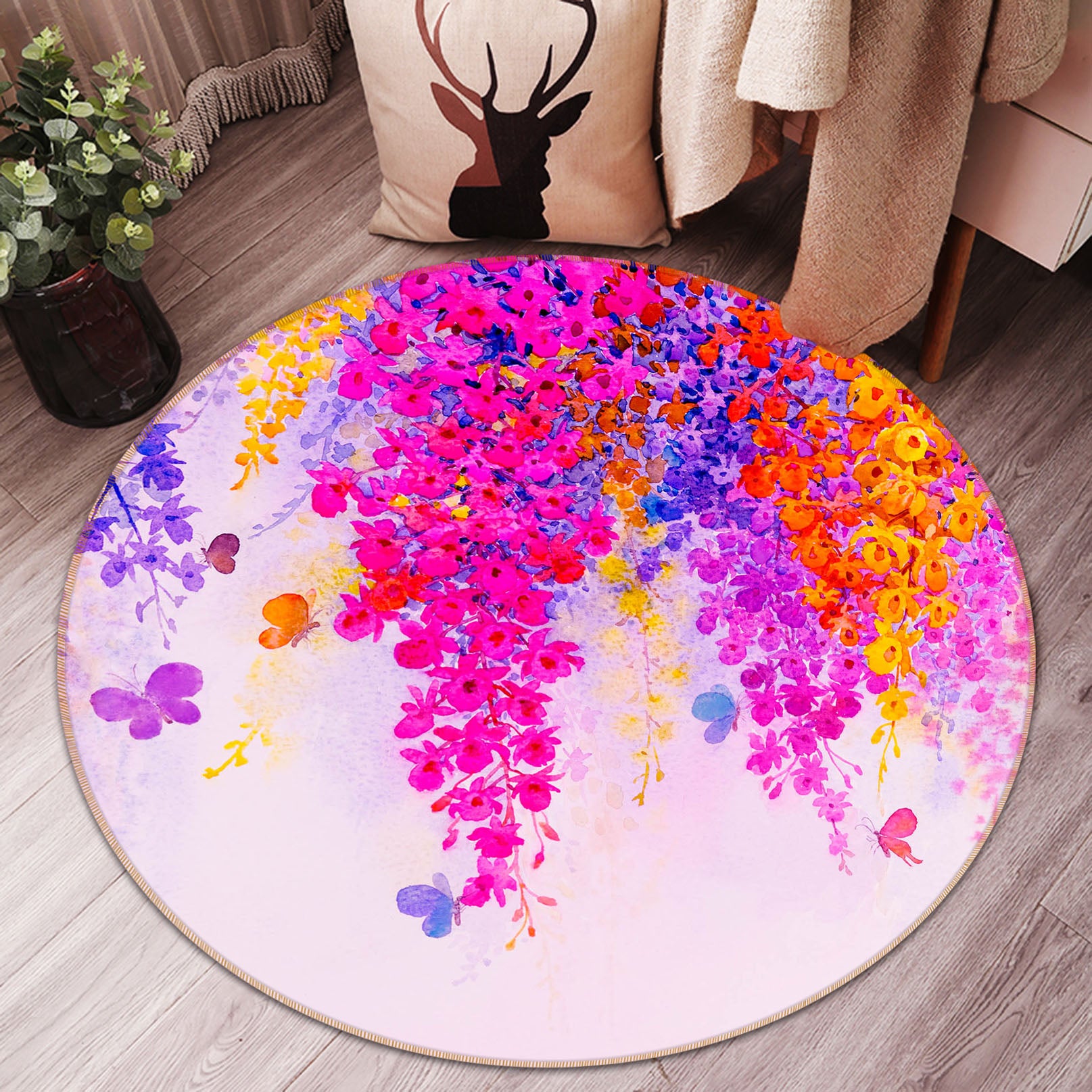 3D Flower Vine Butterfly 71220 Round Non Slip Rug Mat