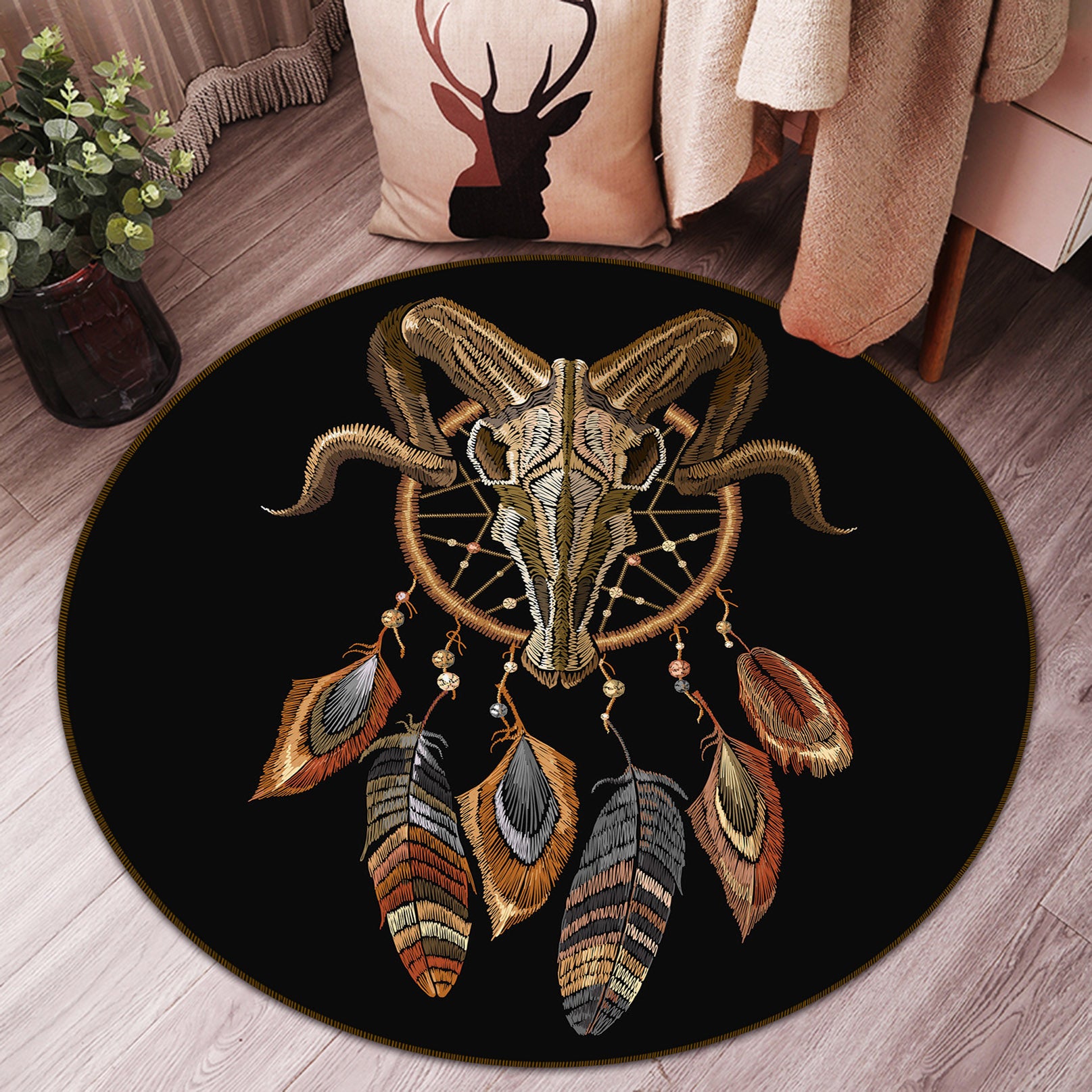 3D Sheep Head Dream Catcher 29088 Round Non Slip Rug Mat