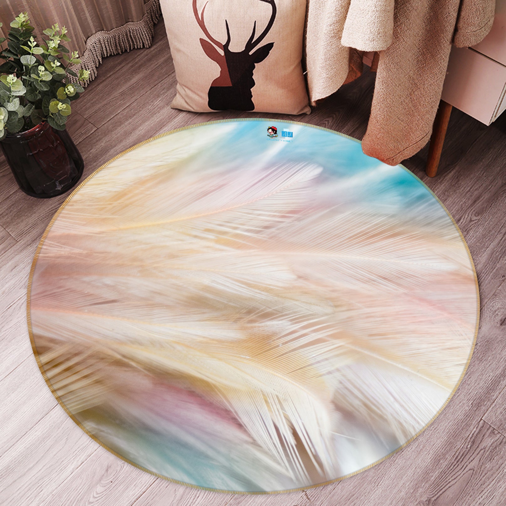3D Feather 81176 Round Non Slip Rug Mat