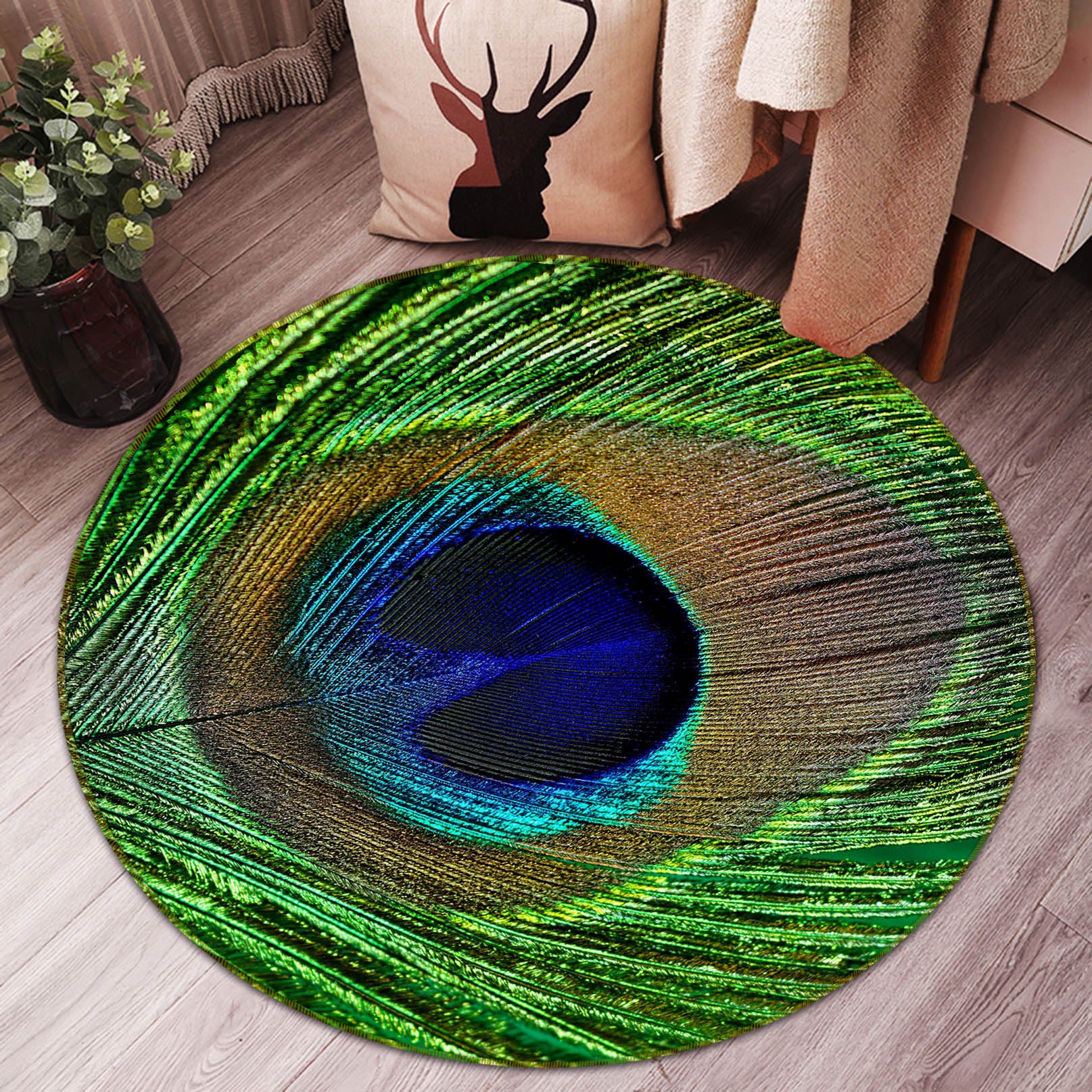 3D Peacock Feather 82024 Animal Round Non Slip Rug Mat