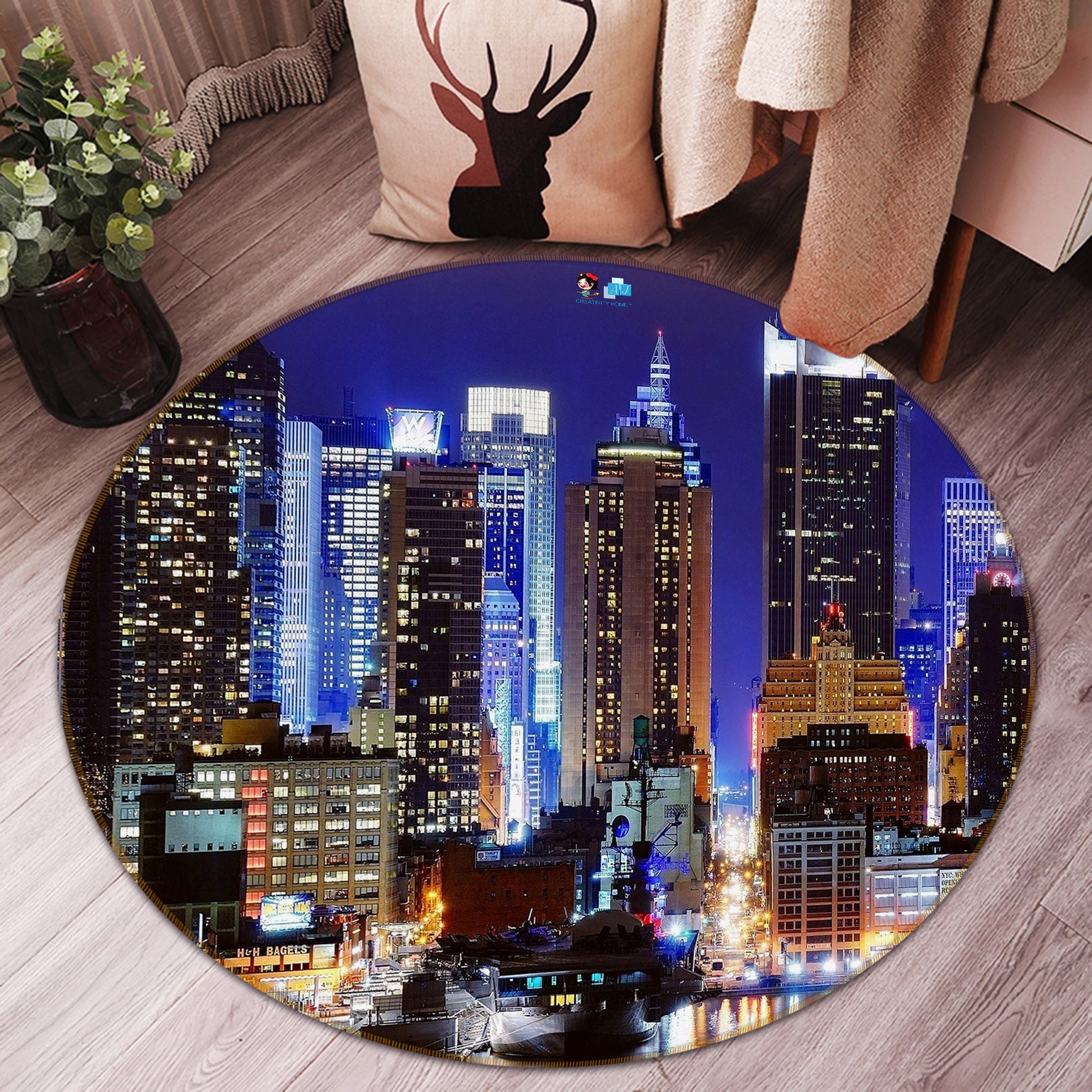 3D City Night View 74095 Round Non Slip Rug Mat