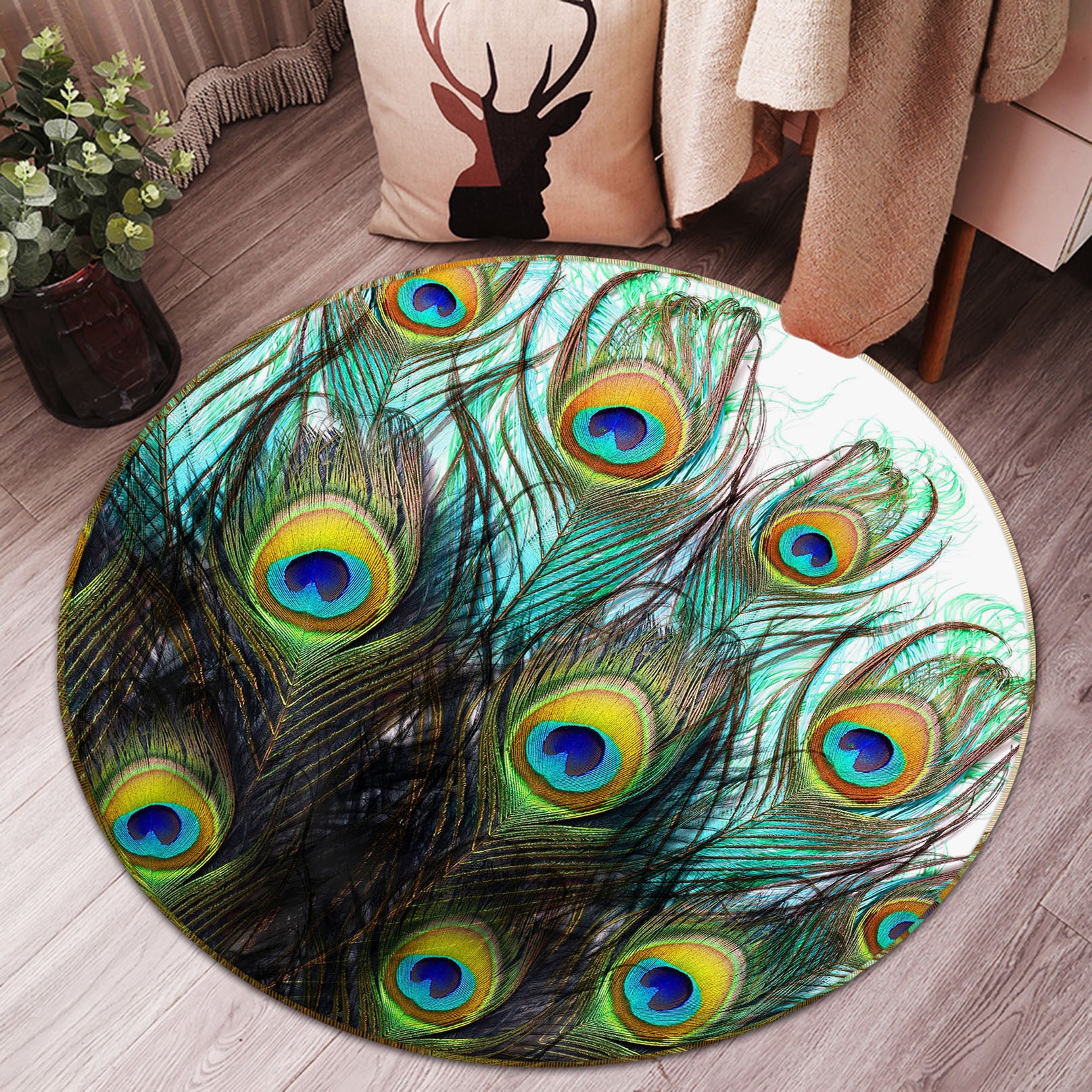 3D Peacock Feather 29085 Round Non Slip Rug Mat