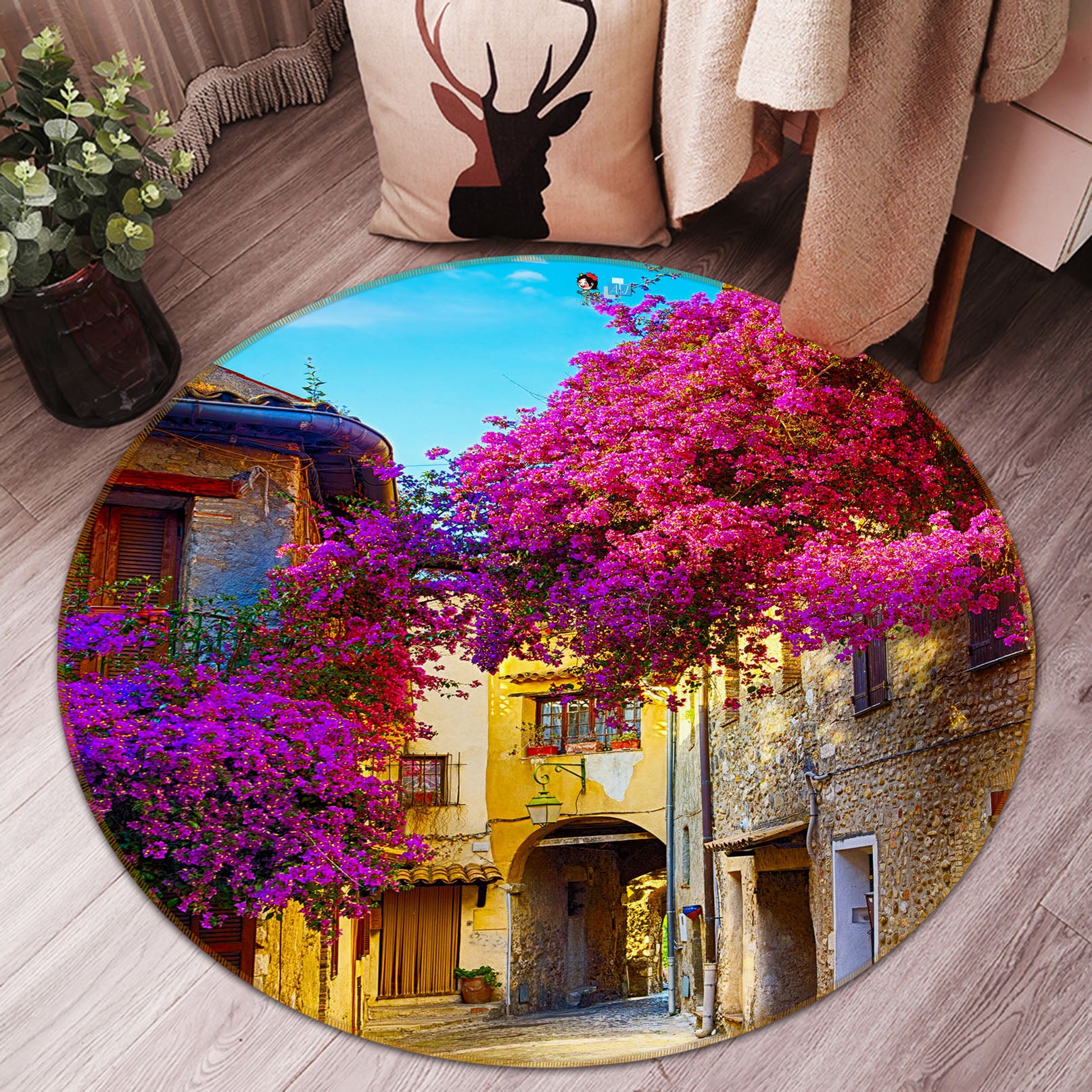 3D Flower Houses 69145 Round Non Slip Rug Mat