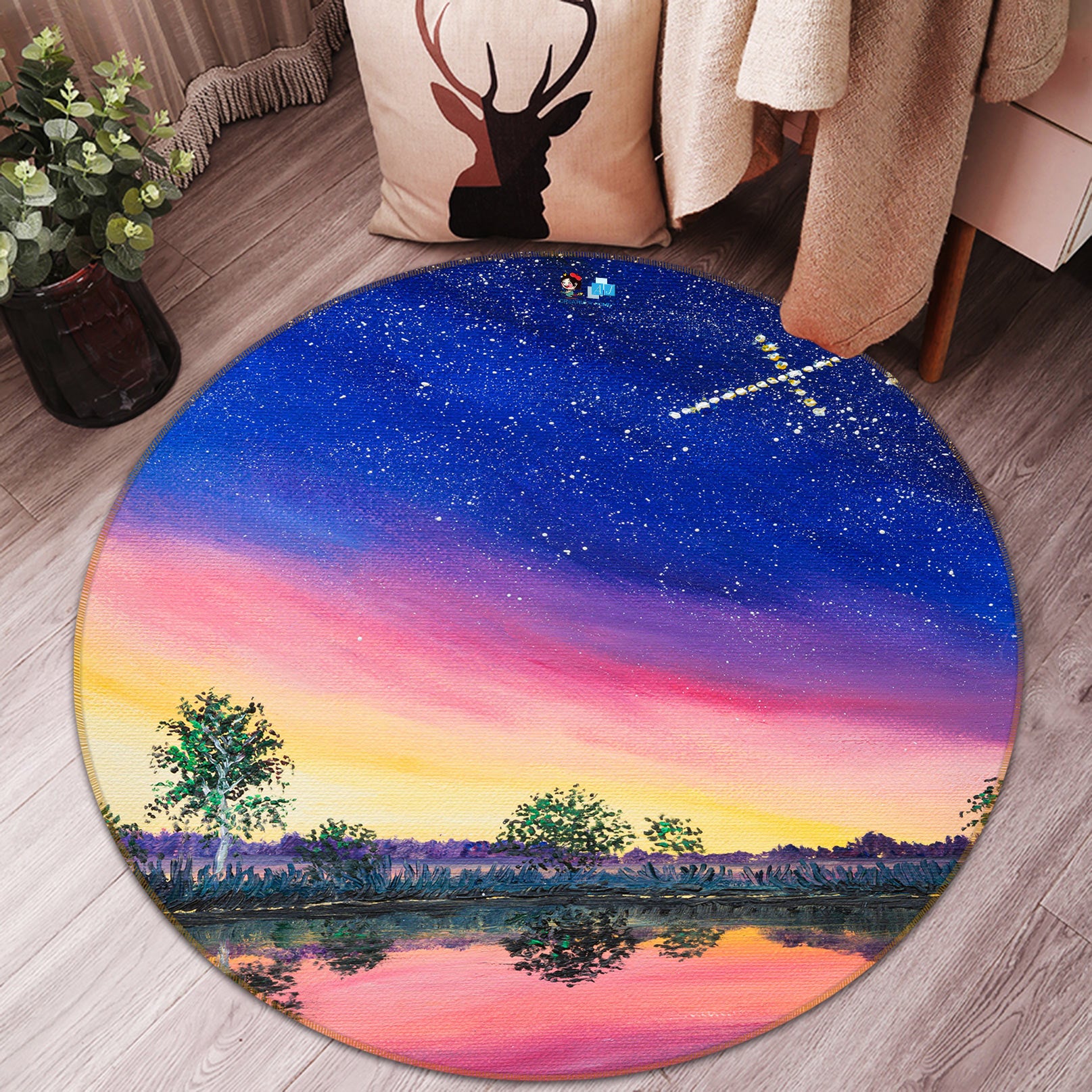 3D Starry Sky Lake Tree 18142 Marina Zotova Rug Round Non Slip Rug Mat