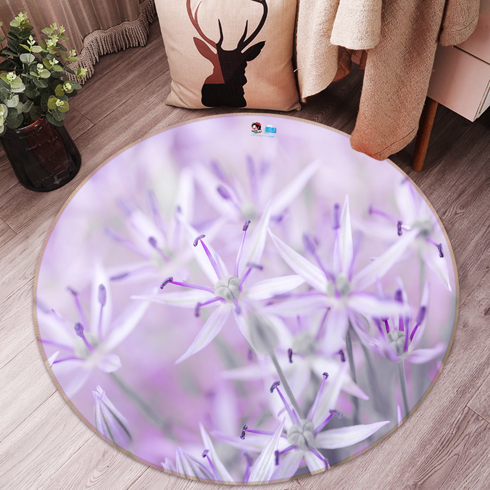 3D Purple Flower 7565 Assaf Frank Rug Round Non Slip Rug Mat