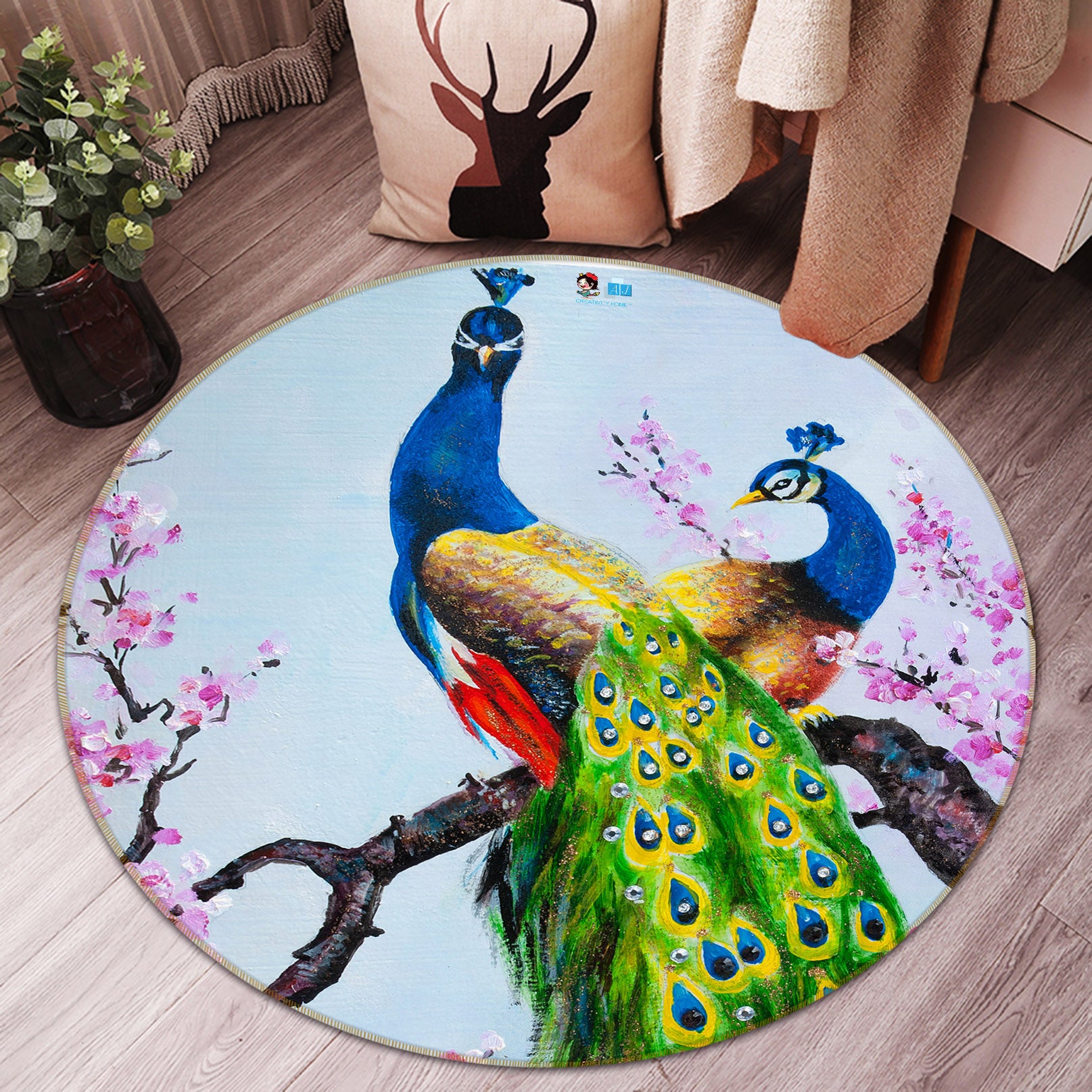 3D Peacock 69185 Round Non Slip Rug Mat