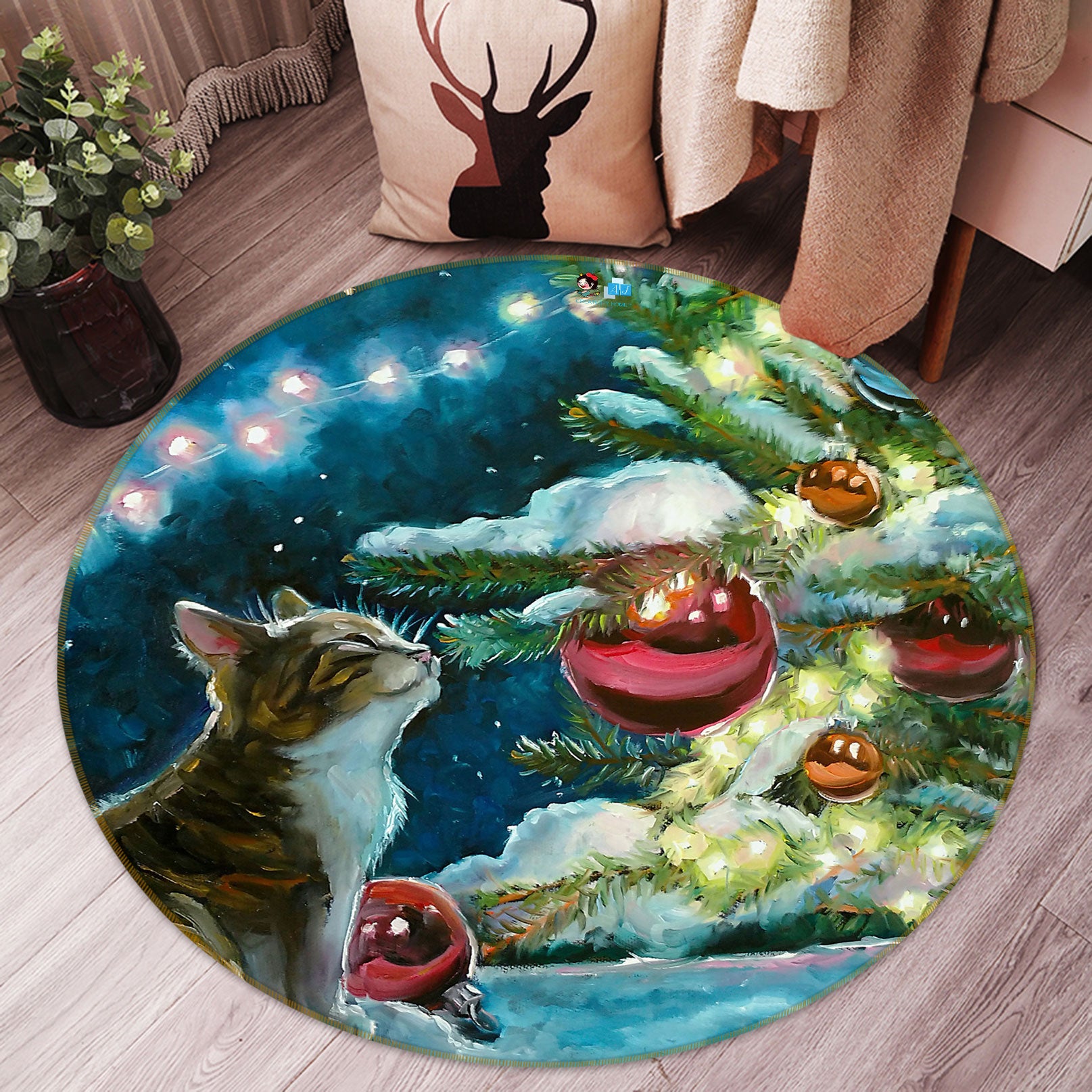 3D Cat Red Ball 54076 Christmas Round Non Slip Rug Mat Xmas