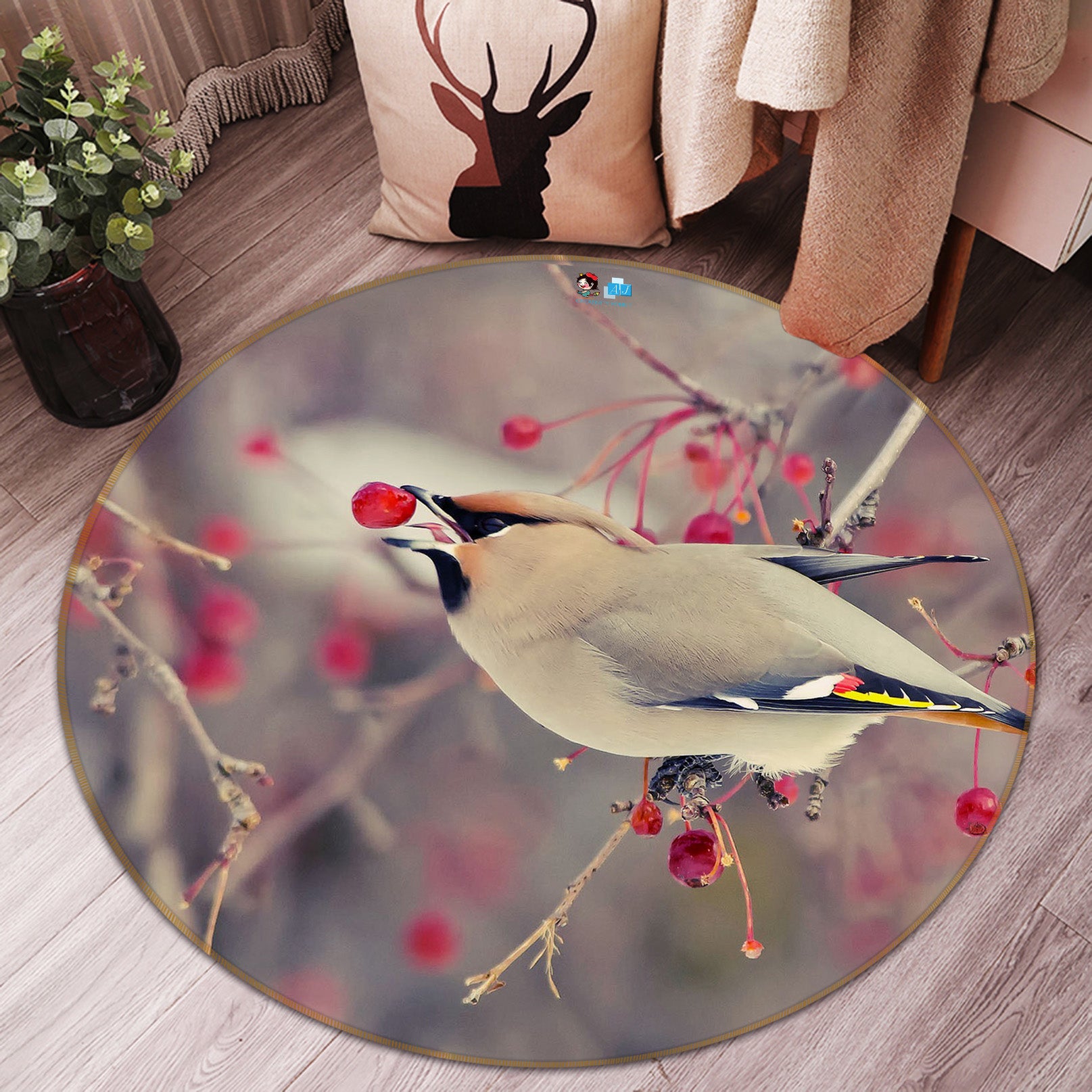 3D Flower Branch Bird 82028 Animal Round Non Slip Rug Mat