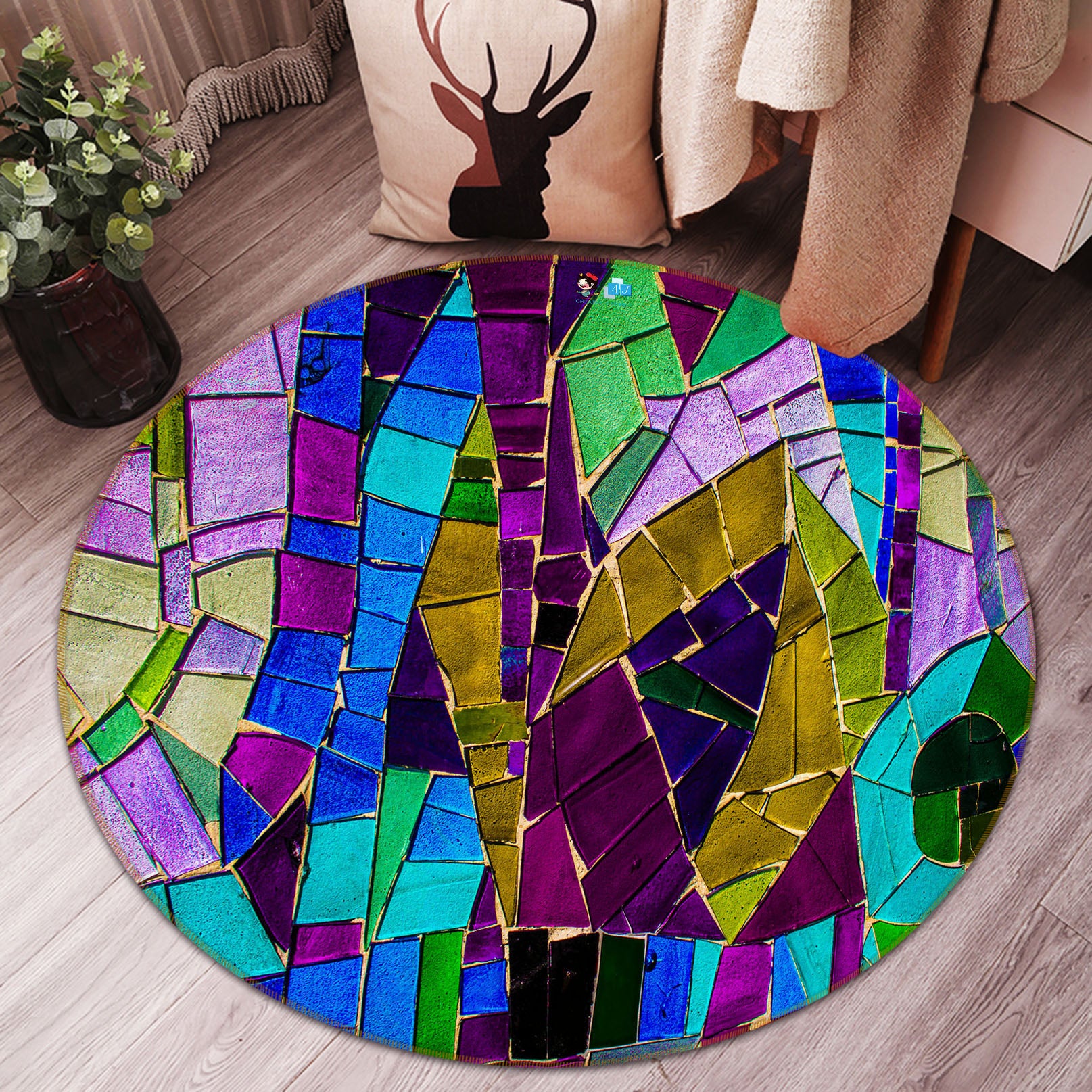 3D Color Block 69228 Round Non Slip Rug Mat
