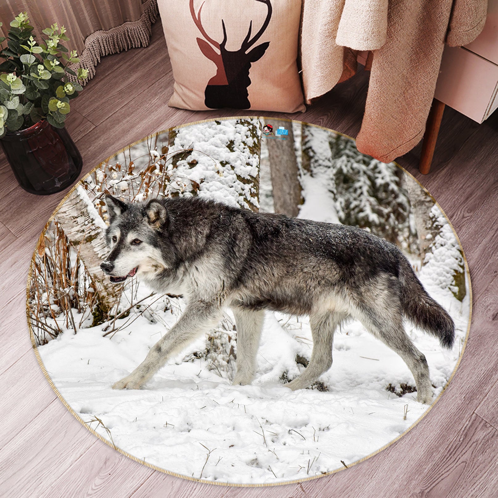 3D Snowfield Wolf 81156 Round Non Slip Rug Mat
