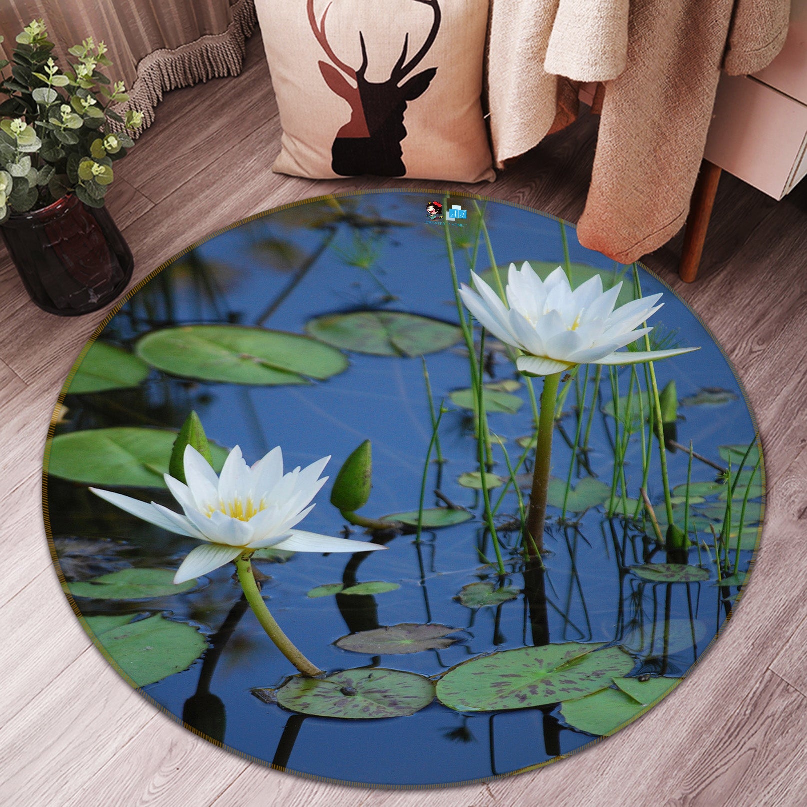 3D White Lotus 71136 Round Non Slip Rug Mat