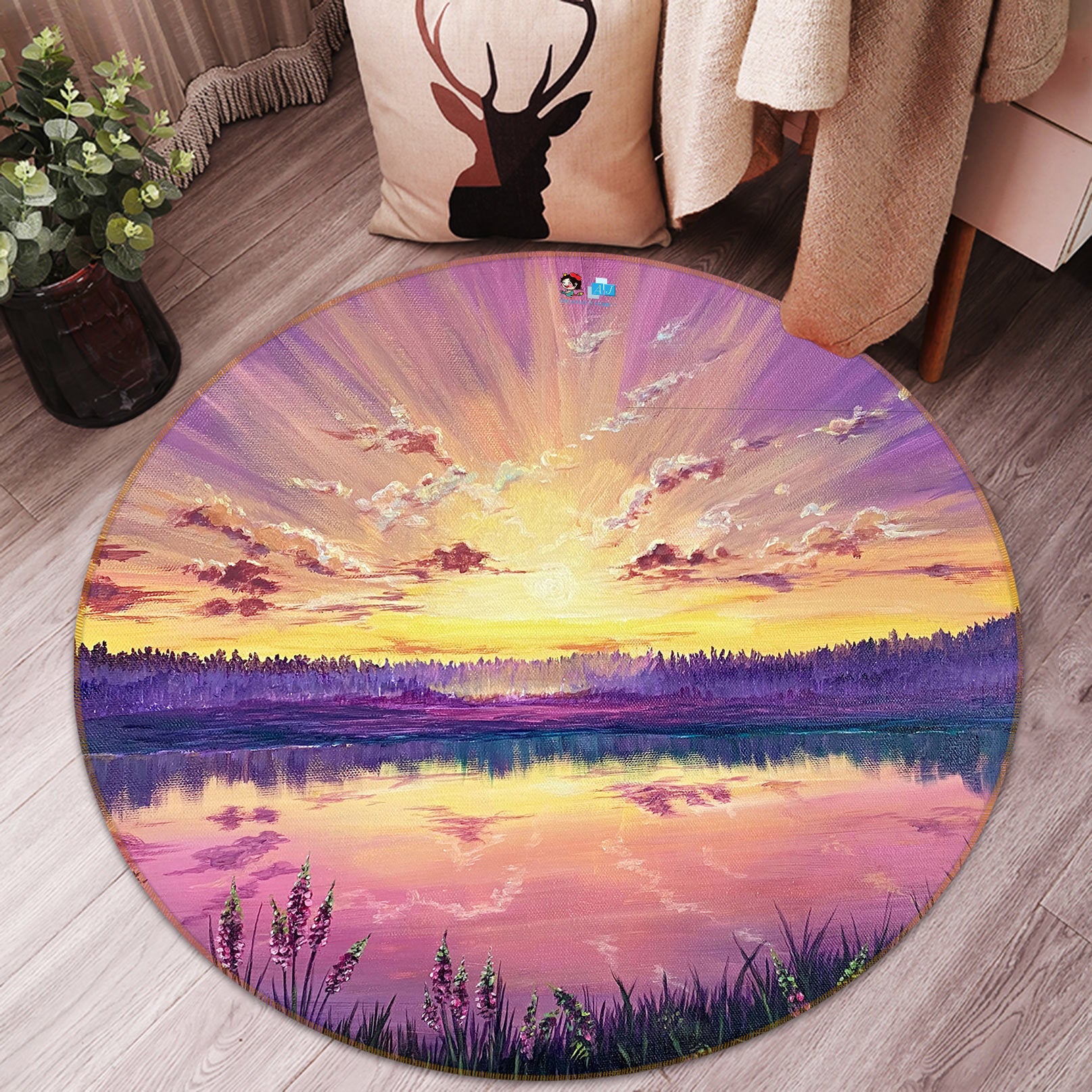 3D Lake Surface Sunrise 18143 Marina Zotova Rug Round Non Slip Rug Mat