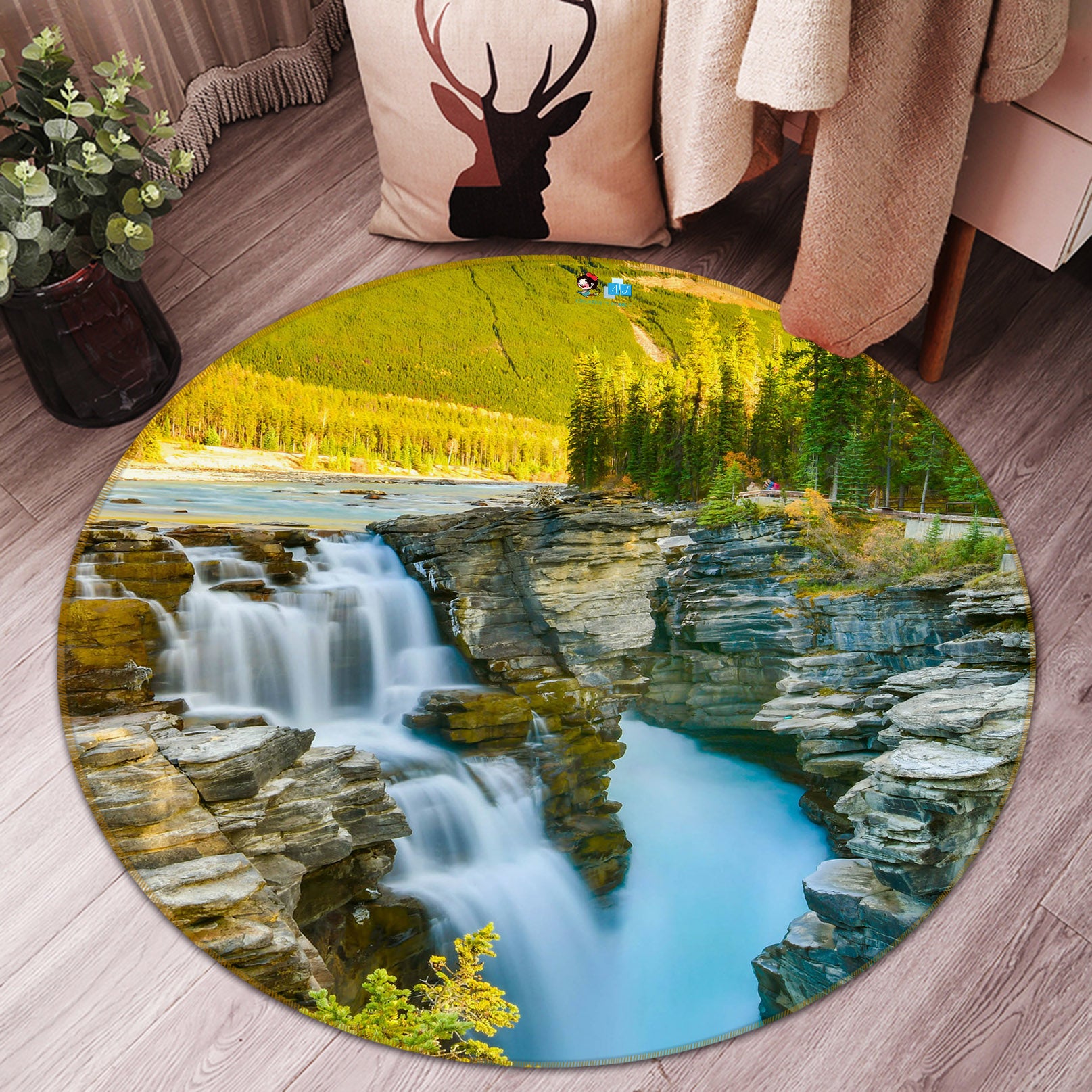 3D Mountain Tree Running Water 69099 Round Non Slip Rug Mat