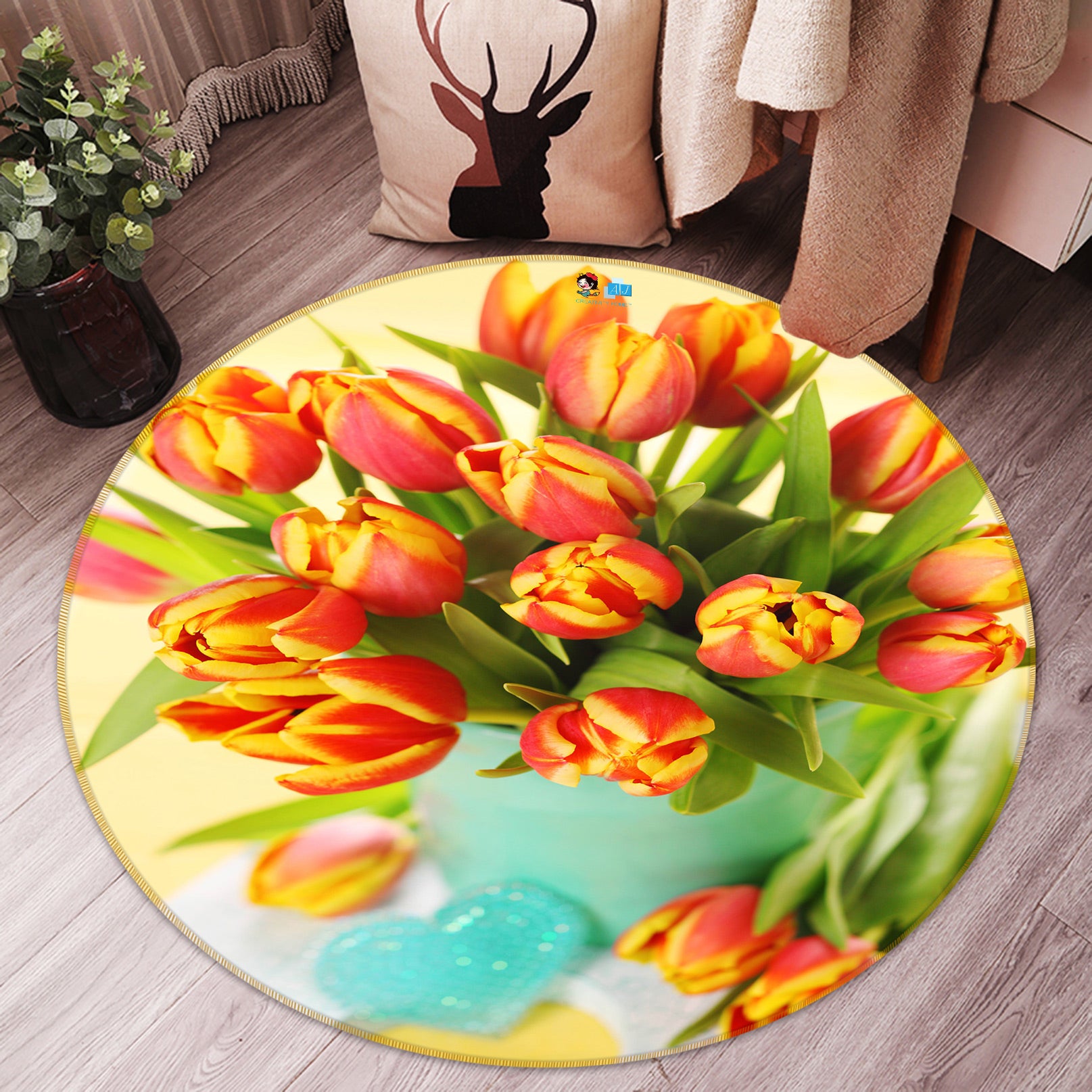 3D Tulip Flowers 73006 Round Non Slip Rug Mat