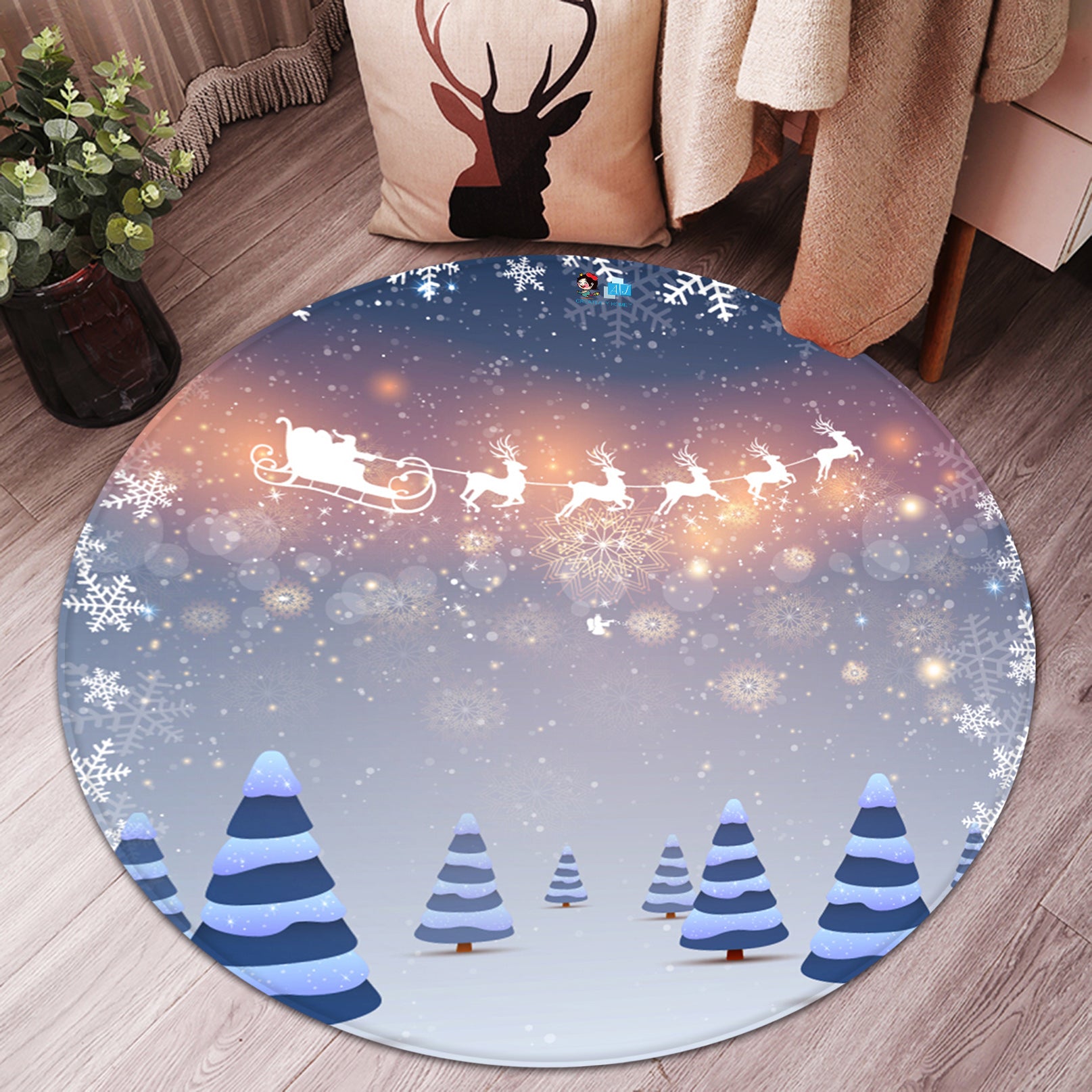 3D Snowflake Tree 65238 Christmas Round Non Slip Rug Mat Xmas