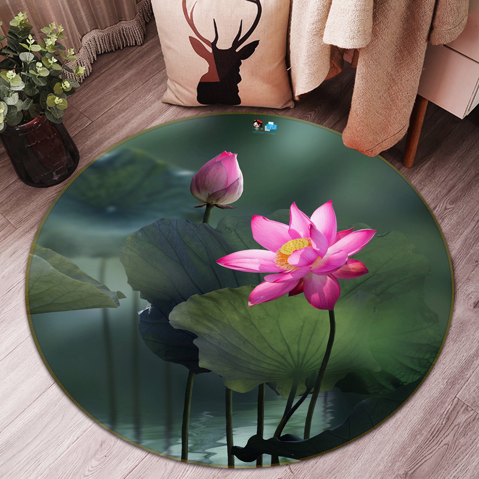 3D Lotus Pond 71174 Round Non Slip Rug Mat