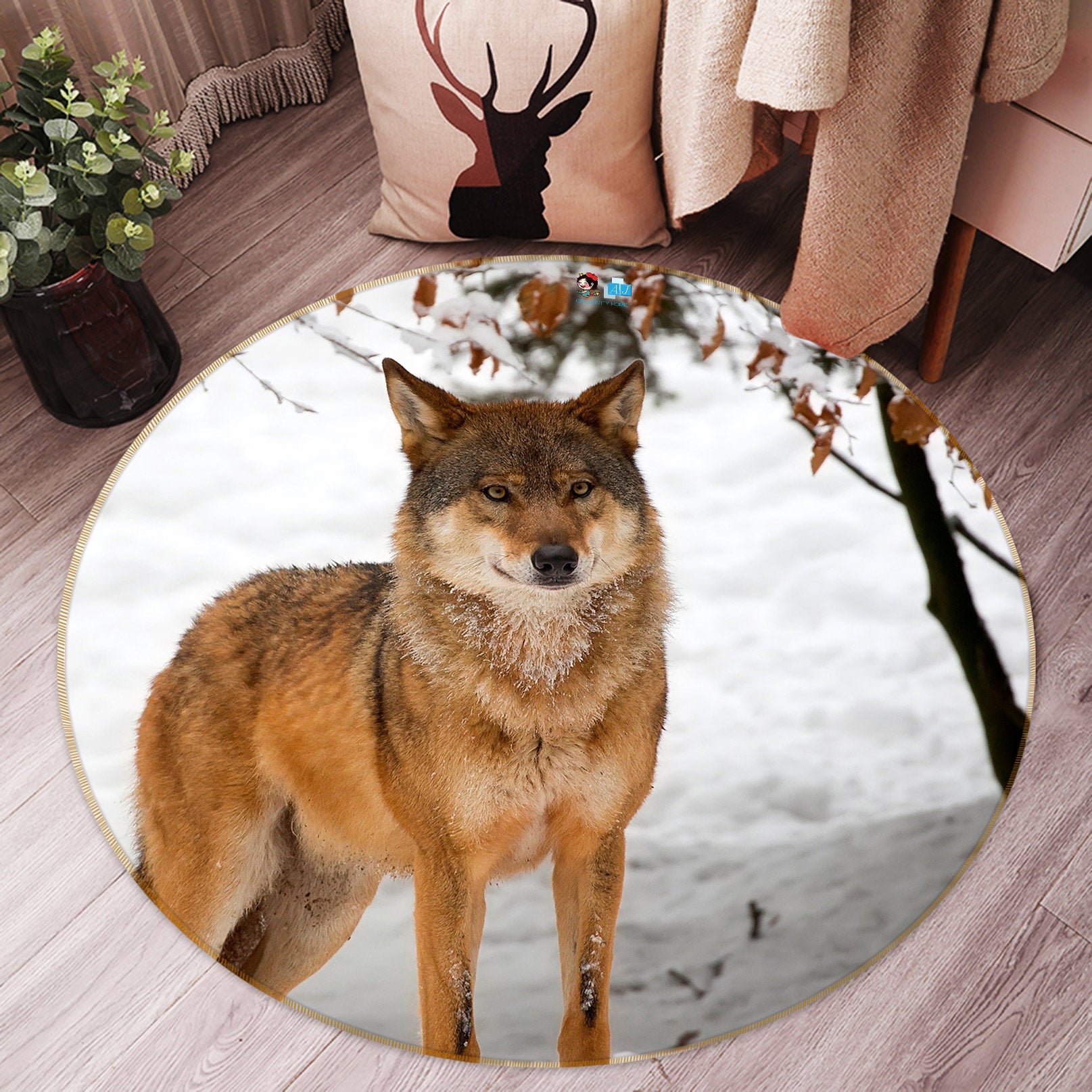 3D Snowfield Wolf 81188 Round Non Slip Rug Mat