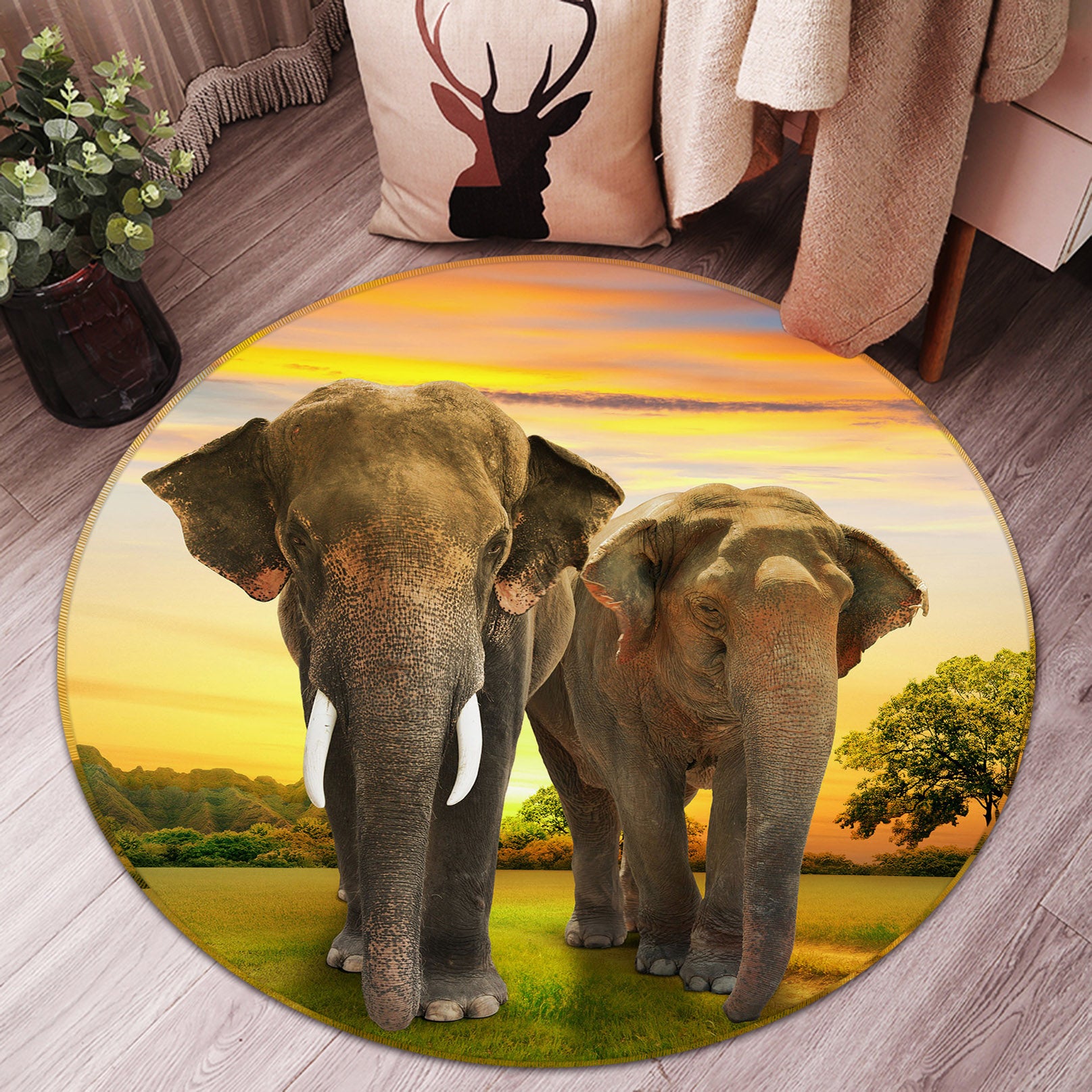 3D Elephant 37229 Animal Round Non Slip Rug Mat