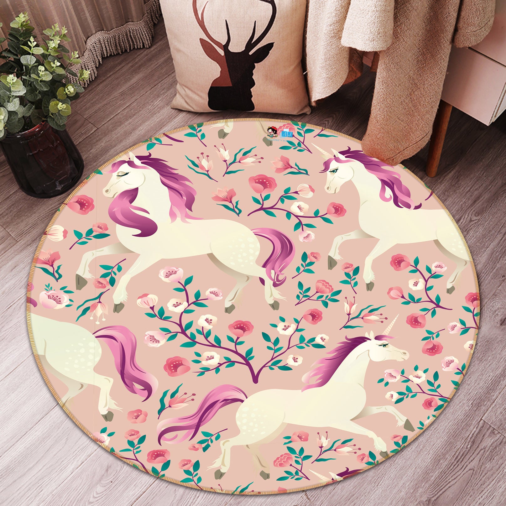 3D Flowers Unicorn Pattern 81127 Round Non Slip Rug Mat
