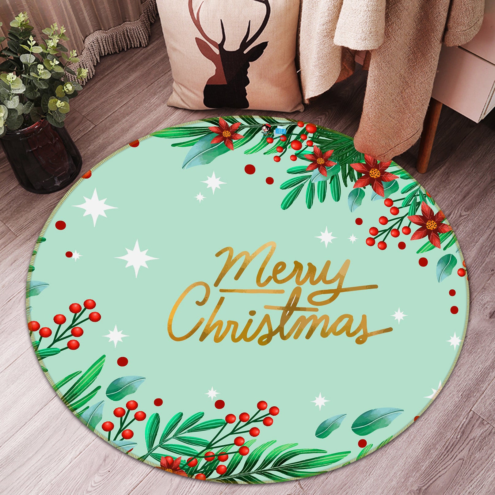 3D Red Ball Branches 75132 Round Non Slip Rug Mat