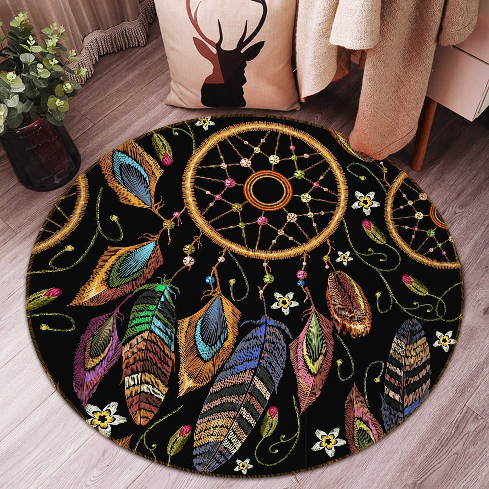 3D Dream Catcher Black 29019 Round Non Slip Rug Mat