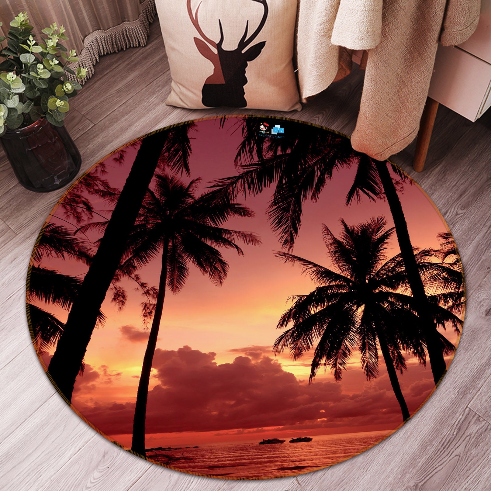 3D Coconut Tree 69167 Round Non Slip Rug Mat