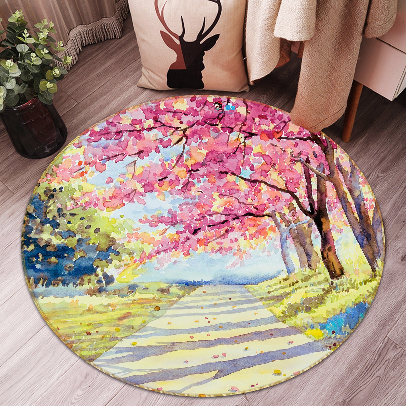 3D Cherry Blossom Path 81063 Round Non Slip Rug Mat