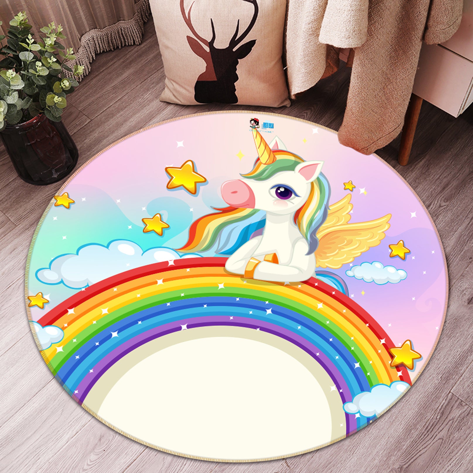 3D Rainbow Cloud Unicorn 81120 Round Non Slip Rug Mat