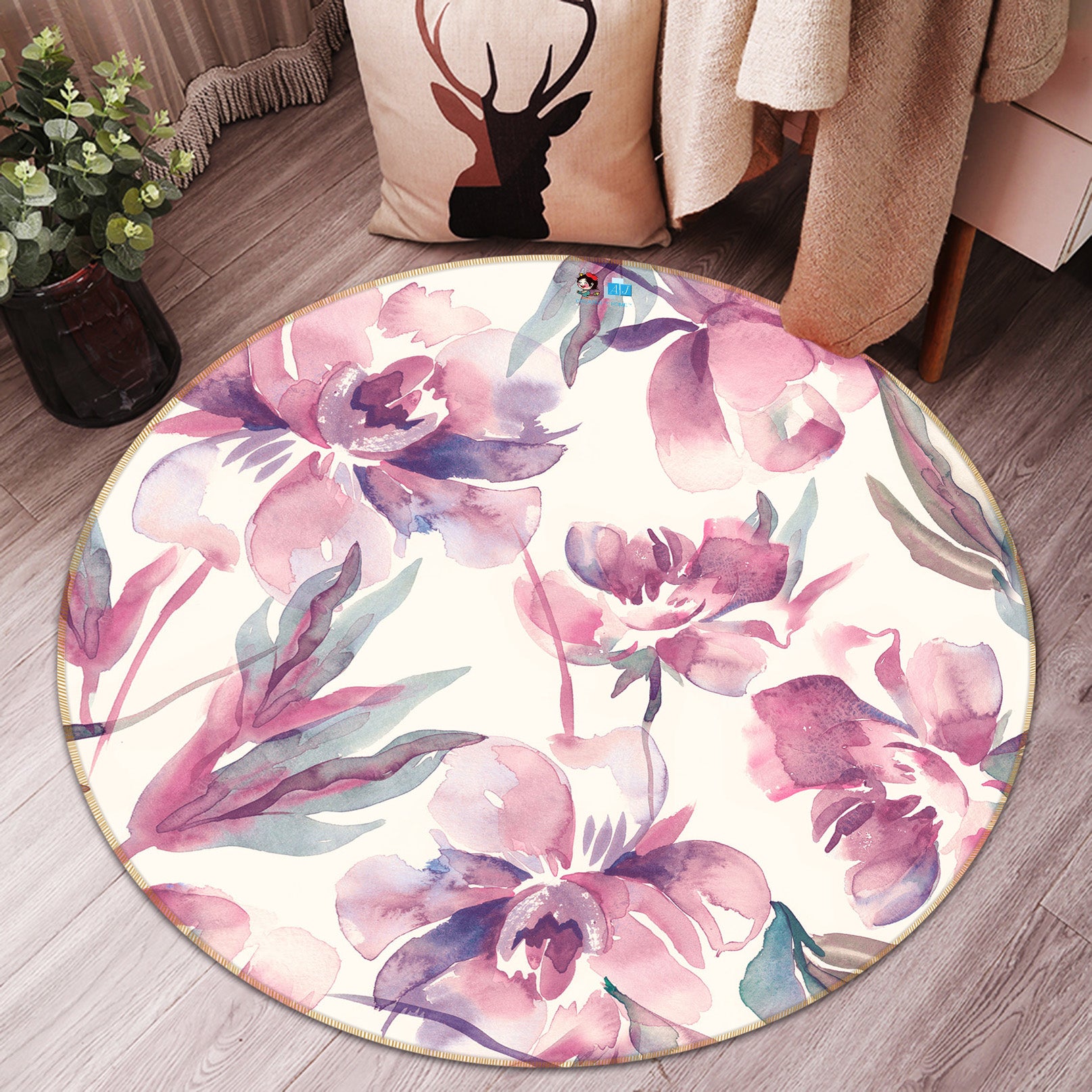 3D Purple Flowers 64161 Round Non Slip Rug Mat