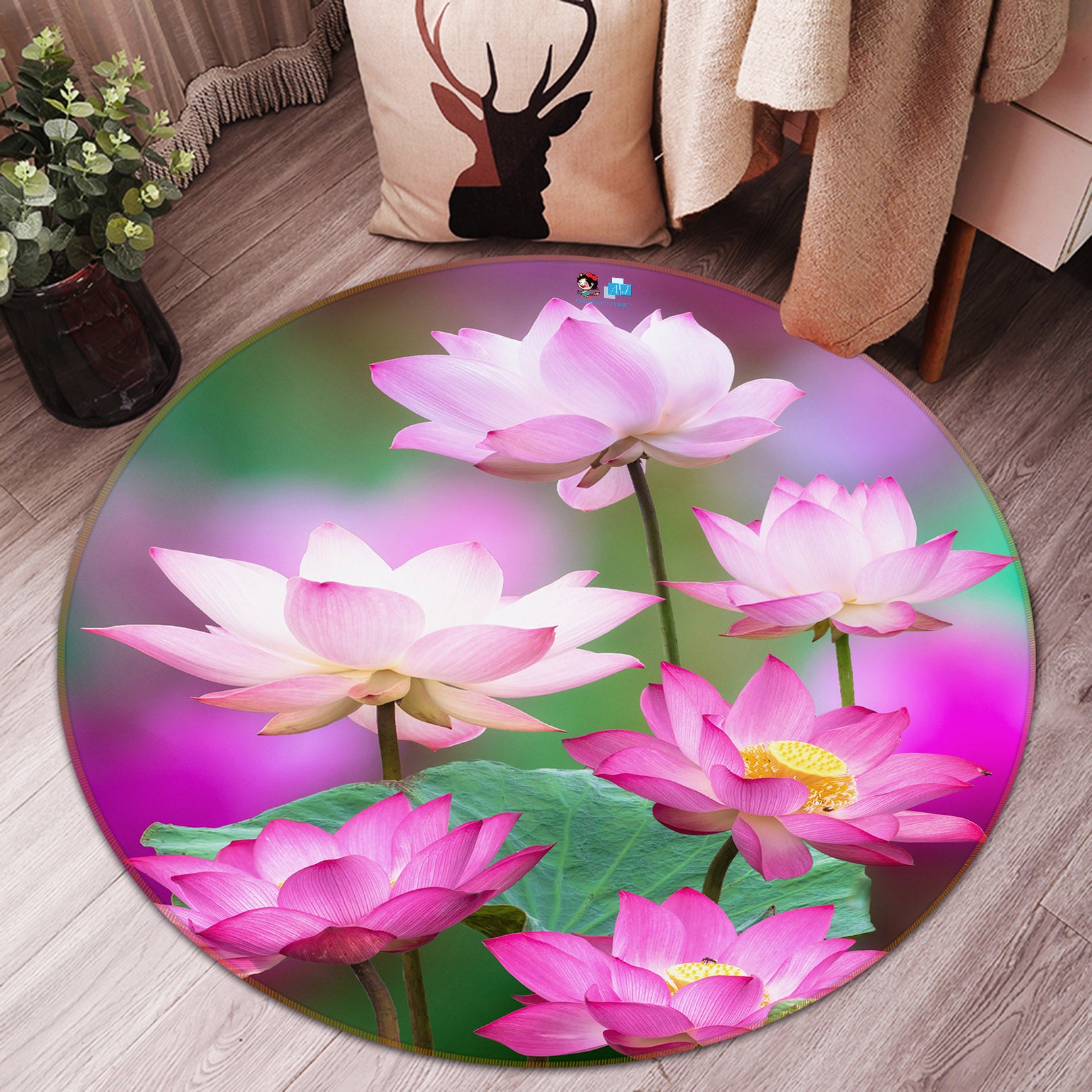 3D Pink Lotus 71138 Round Non Slip Rug Mat