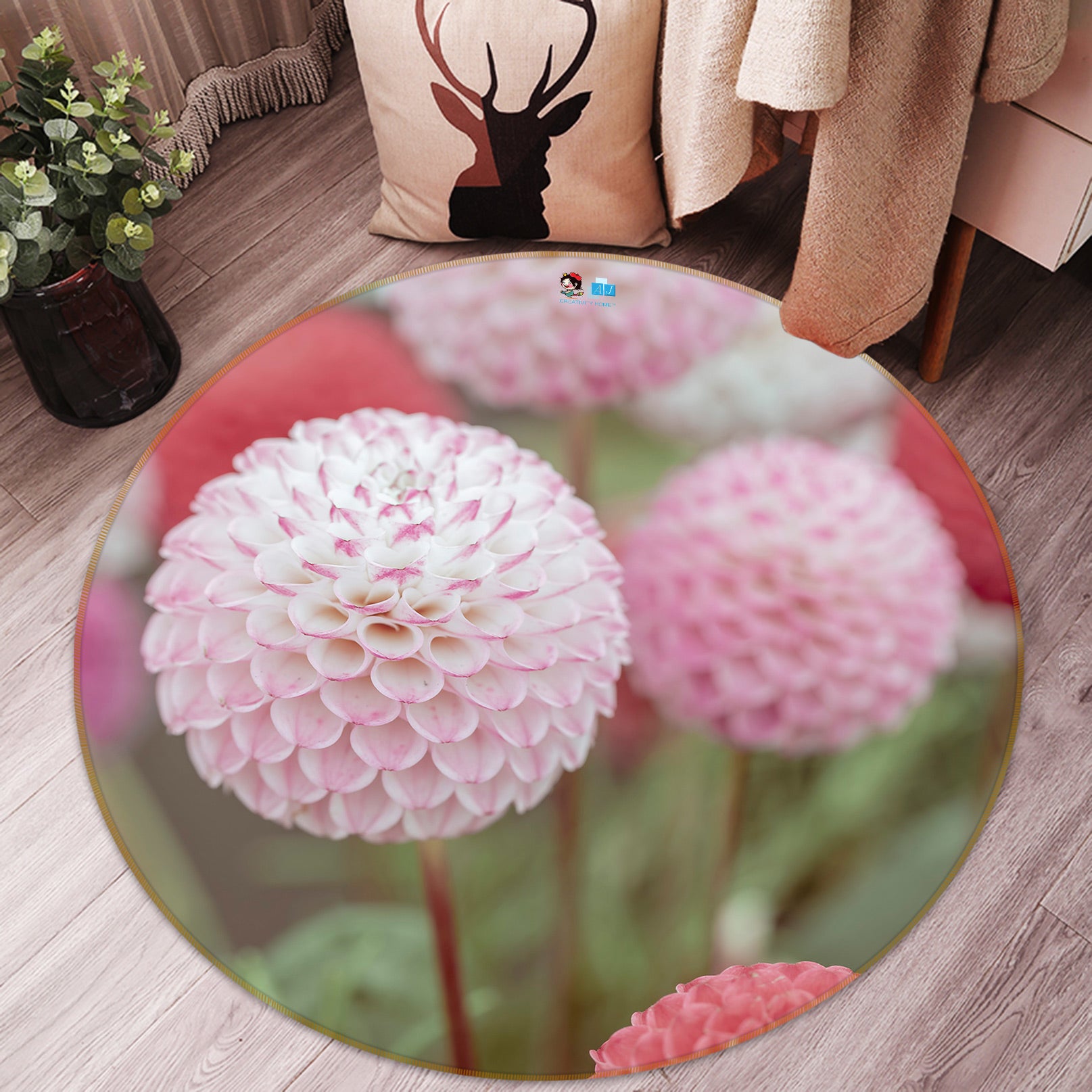3D Pink Hydrangea 7511 Assaf Frank Rug Round Non Slip Rug Mat