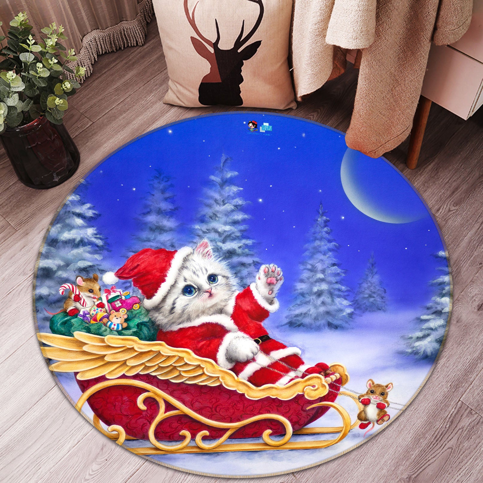 3D Christmas Cat Moon 6060 Kayomi Harai Rug Round Non Slip Rug Mat