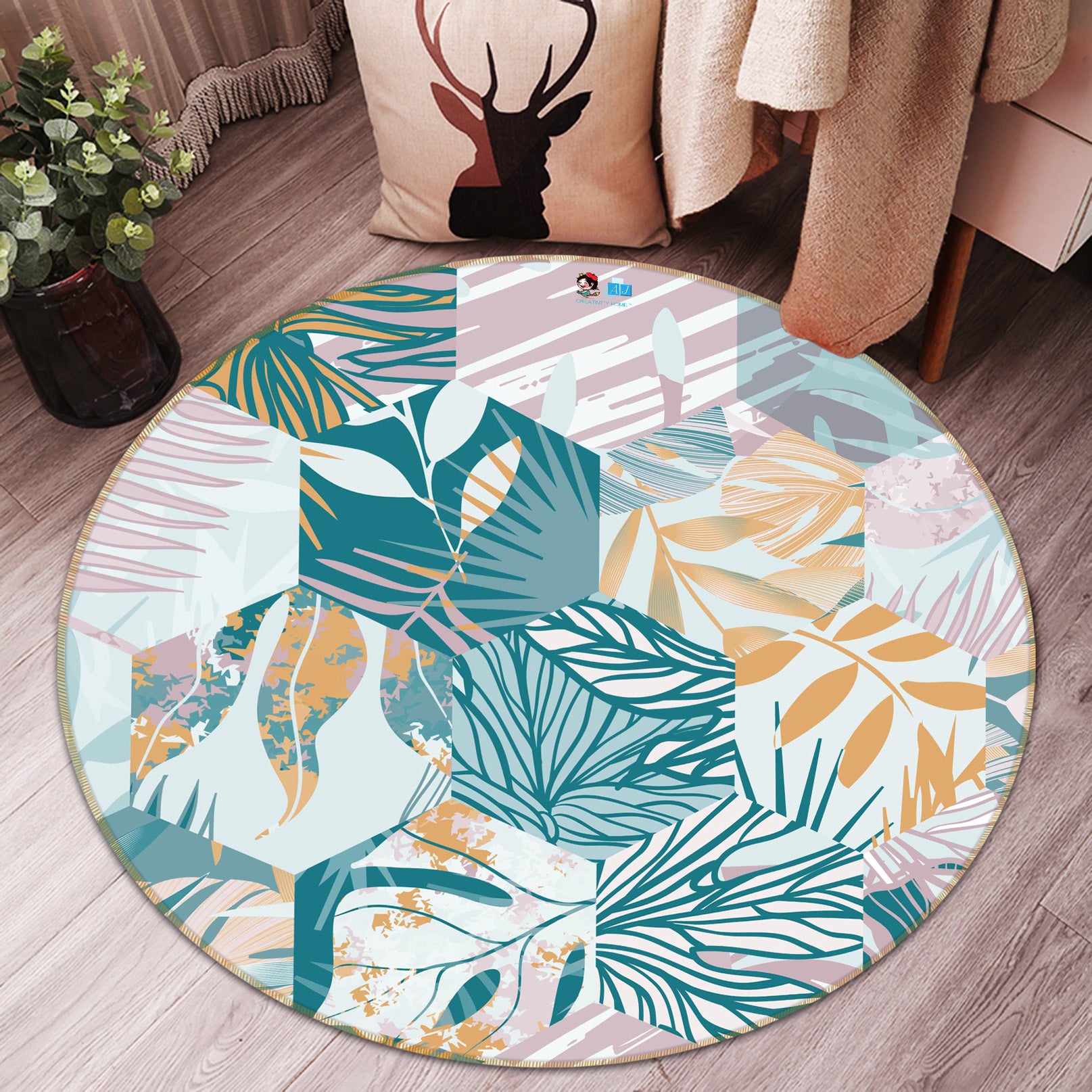 3D Leaf Pattern 64147 Round Non Slip Rug Mat