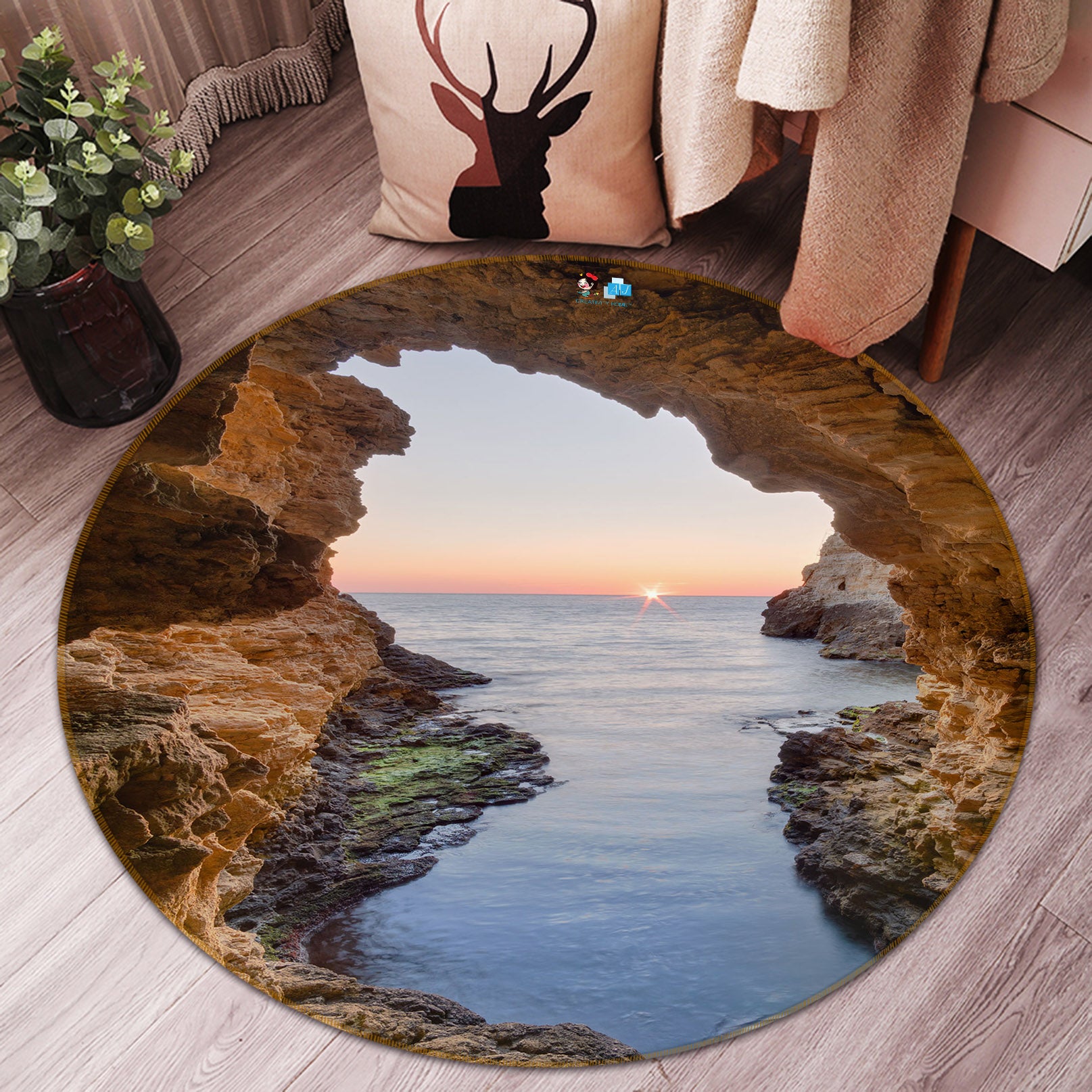 3D Water Stone Cave 69198 Round Non Slip Rug Mat