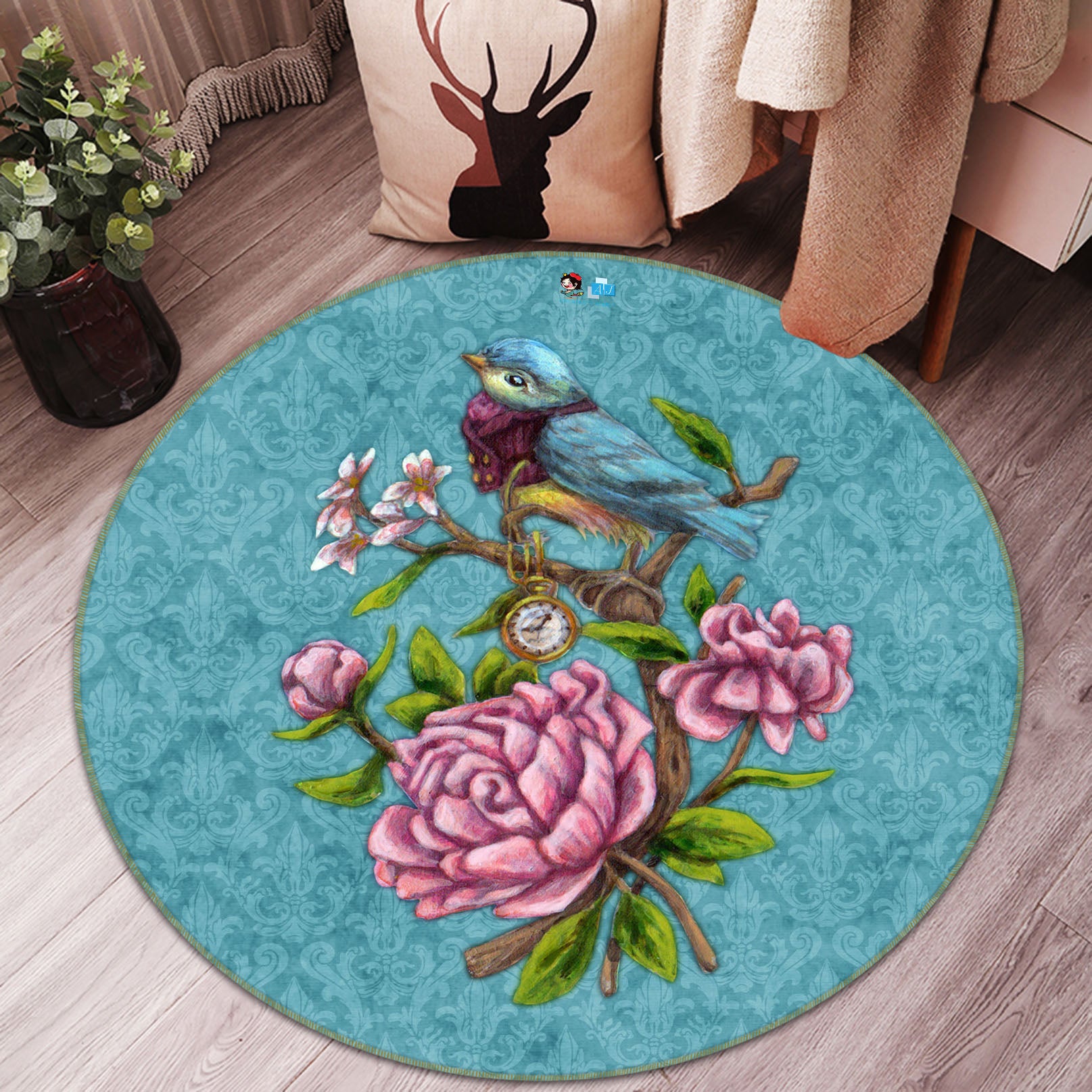 3D Pink Flower Bird 8880 Brigid Ashwood Rug Round Non Slip Rug Mat
