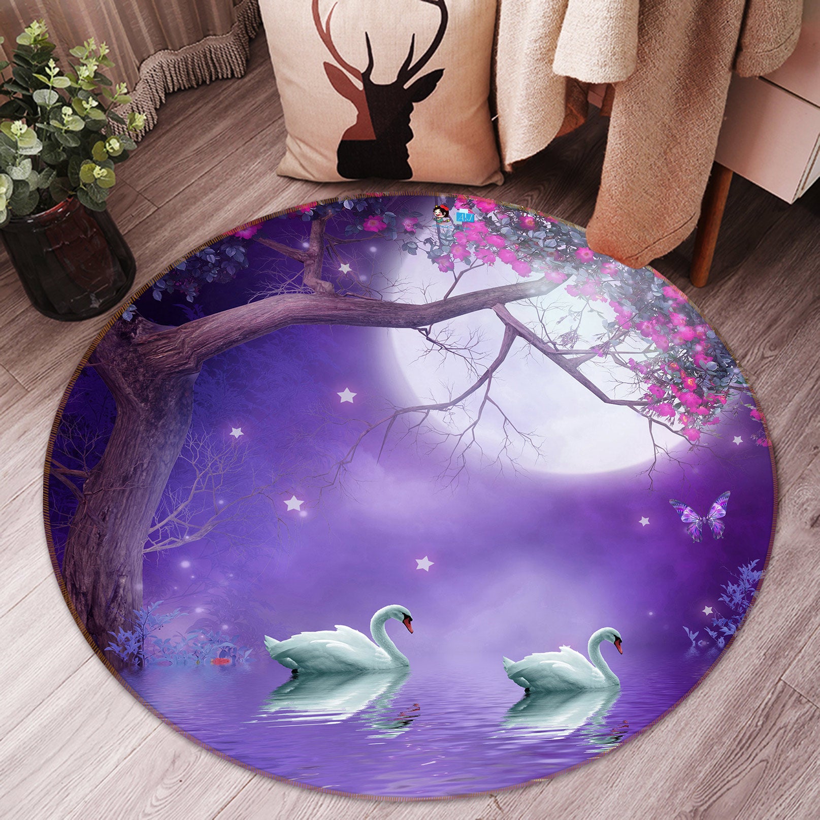 3D Purple Trees Swan 81020 Round Non Slip Rug Mat