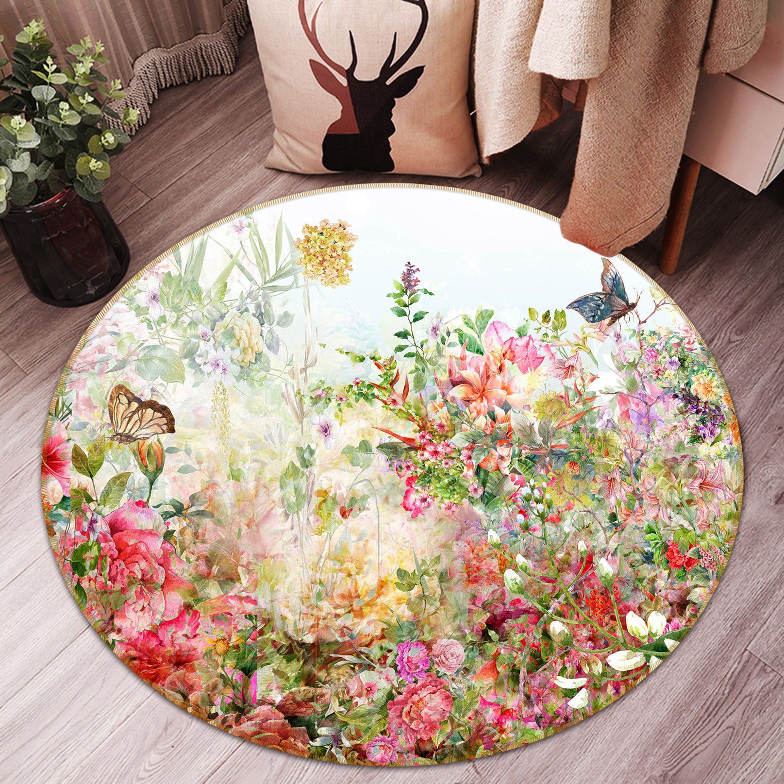 3D Butterfly Flower Bush 71245 Round Non Slip Rug Mat