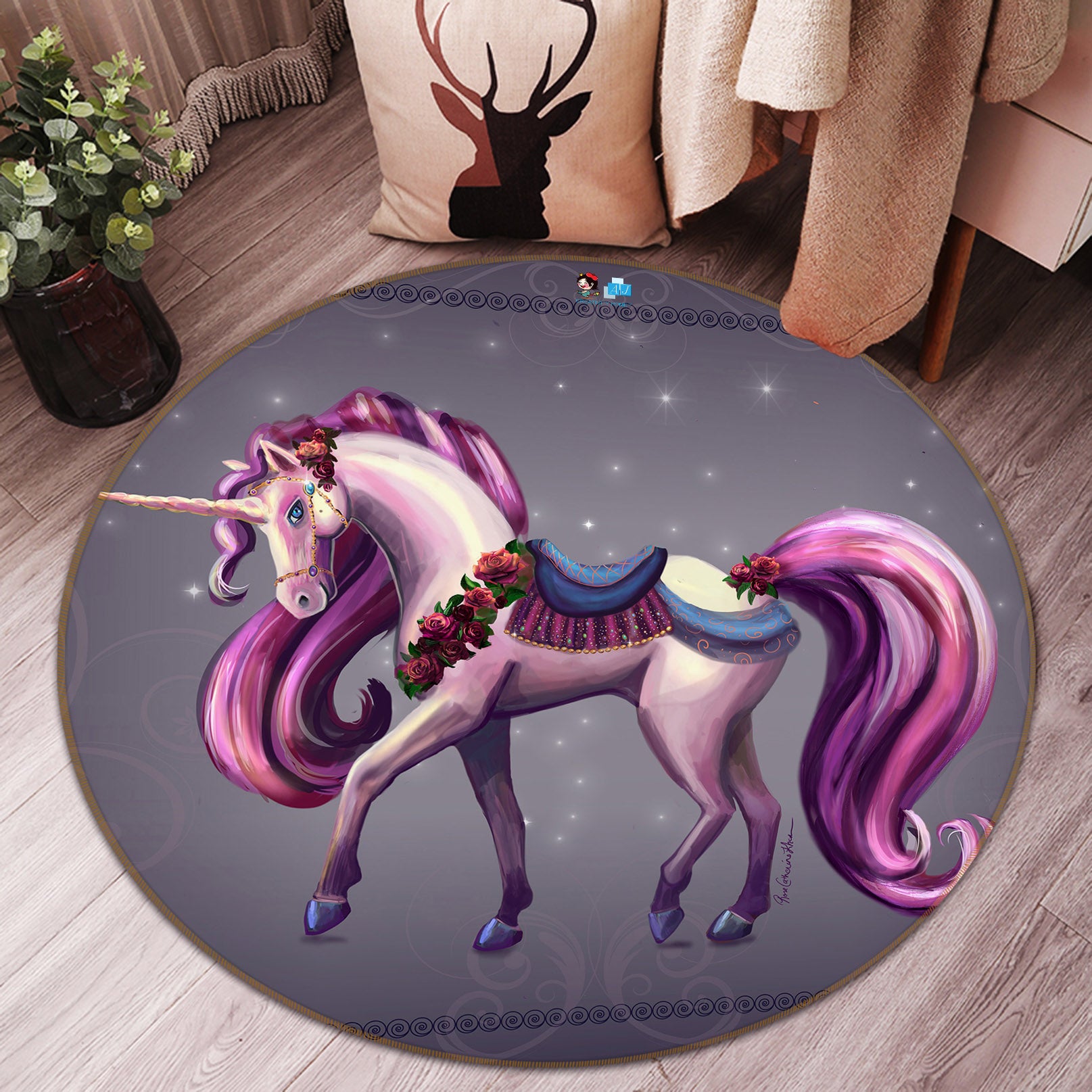 3D Unicorn Purple 83167 Rose Catherine Khan Rug Round Non Slip Rug Mat