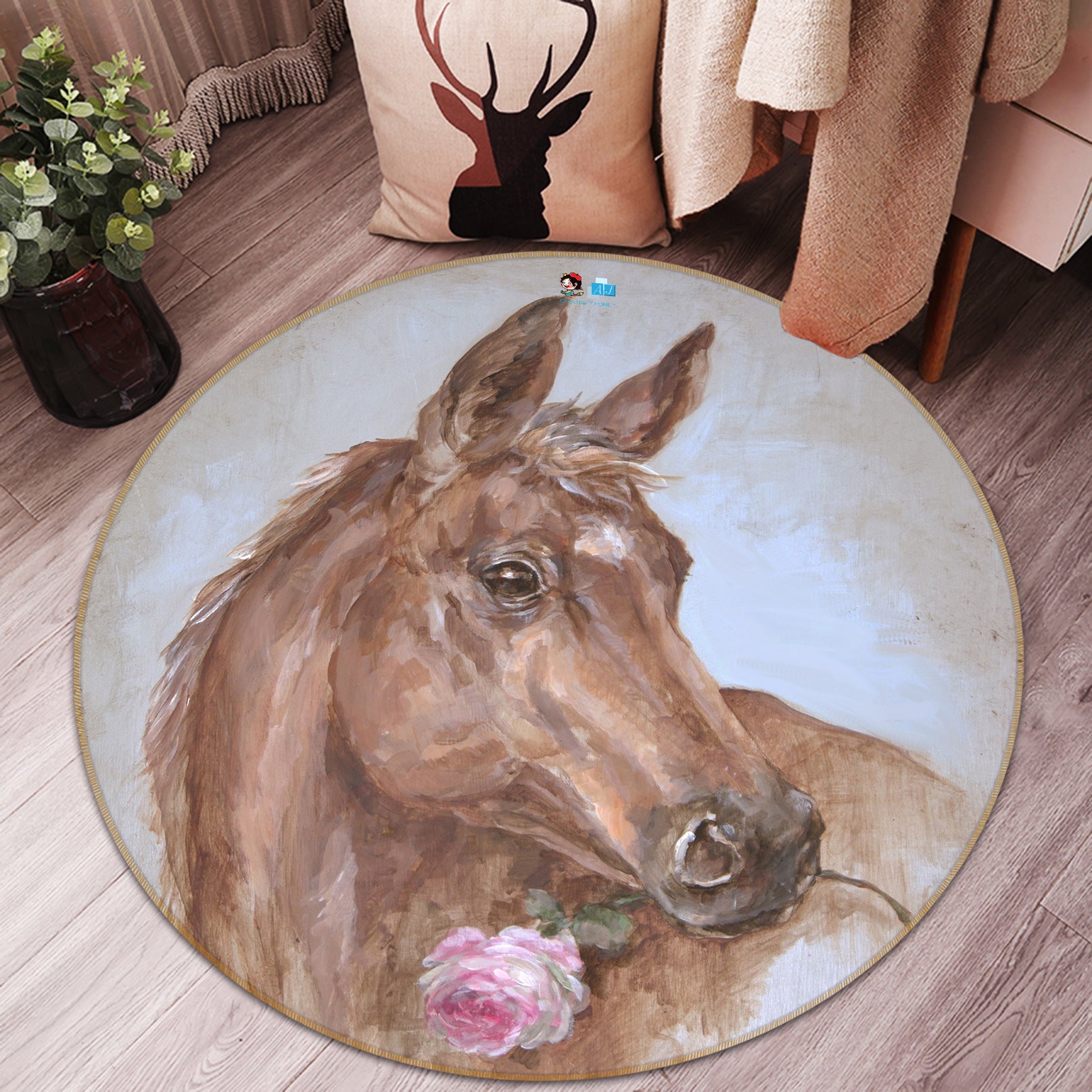 3D Horse With Rose 1170 Debi Coules Rug Round Non Slip Rug Mat