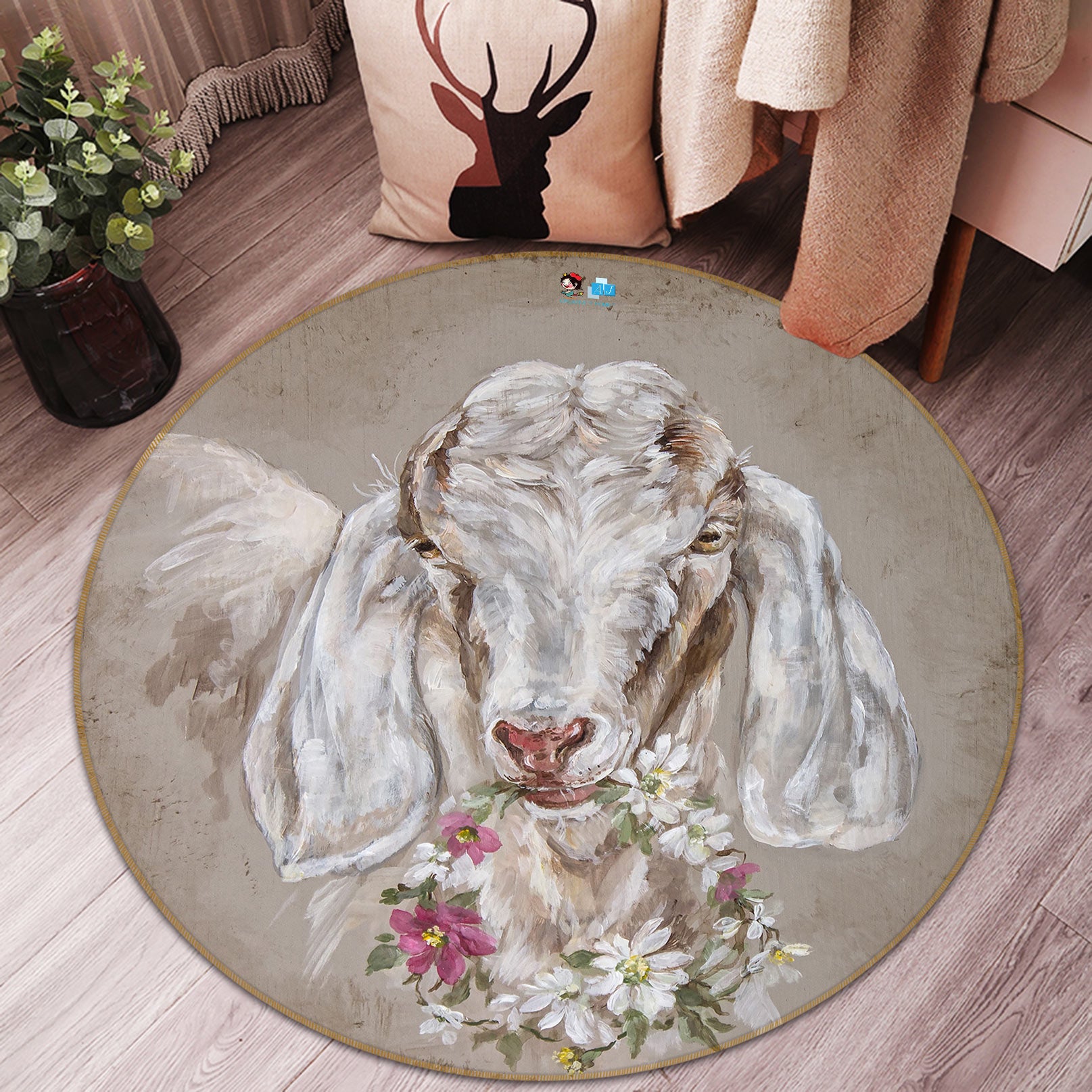 3D Wreath Big Ear Sheep 1161 Debi Coules Rug Round Non Slip Rug Mat