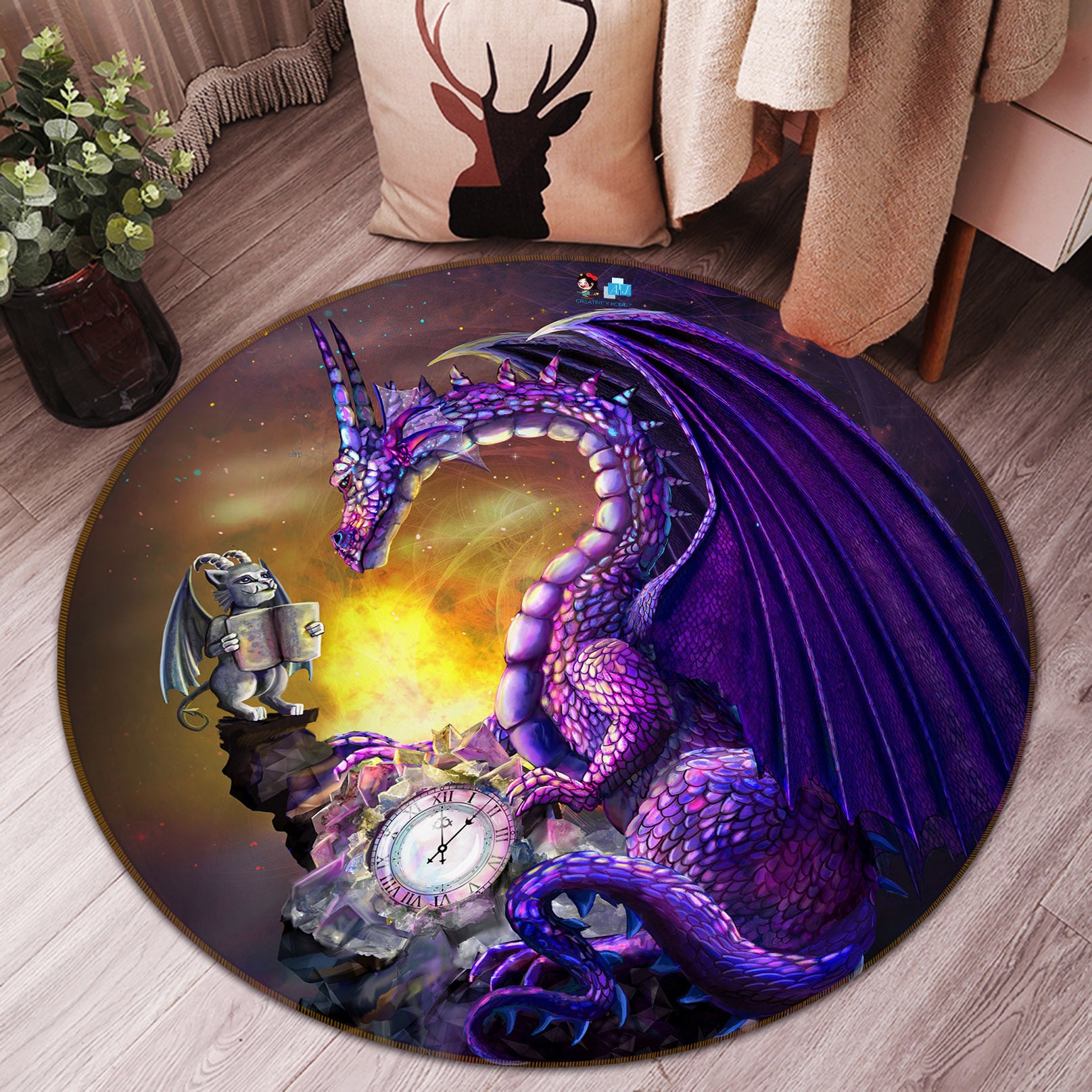 3D Purple Clock Dinosaur 83174 Rose Catherine Khan Rug Round Non Slip Rug Mat