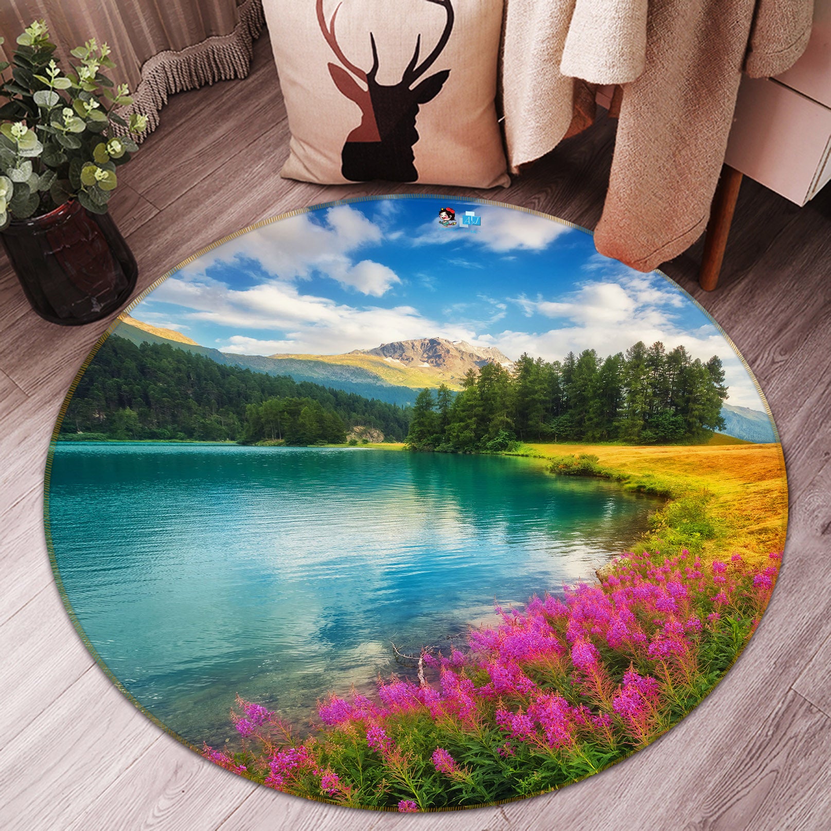 3D Riverside Flower Bush 69063 Round Non Slip Rug Mat