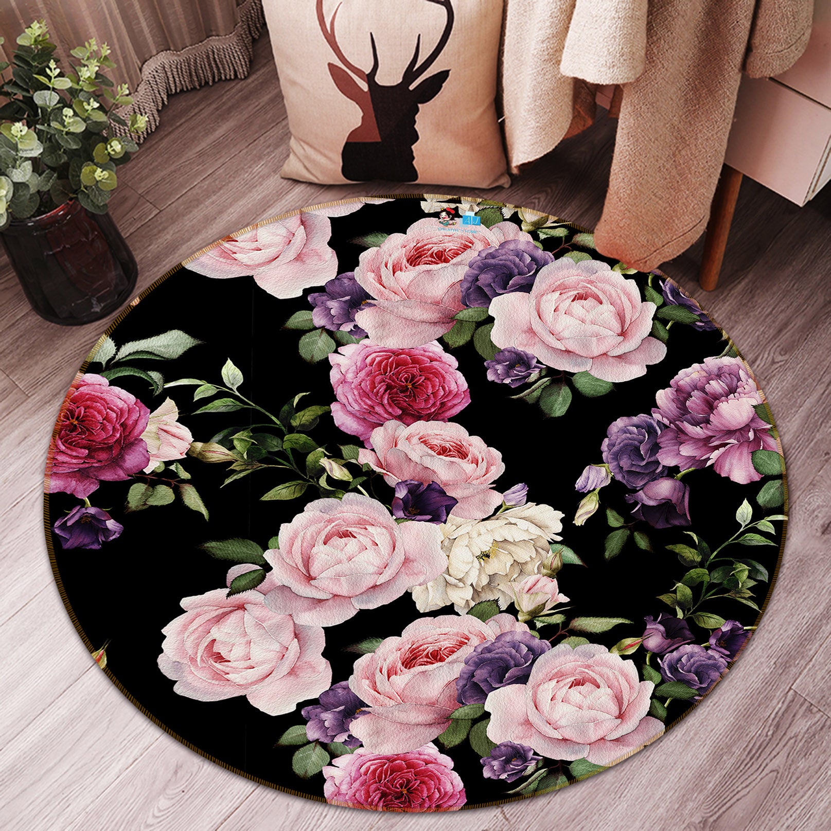 3D Flower Pattern 73023 Round Non Slip Rug Mat