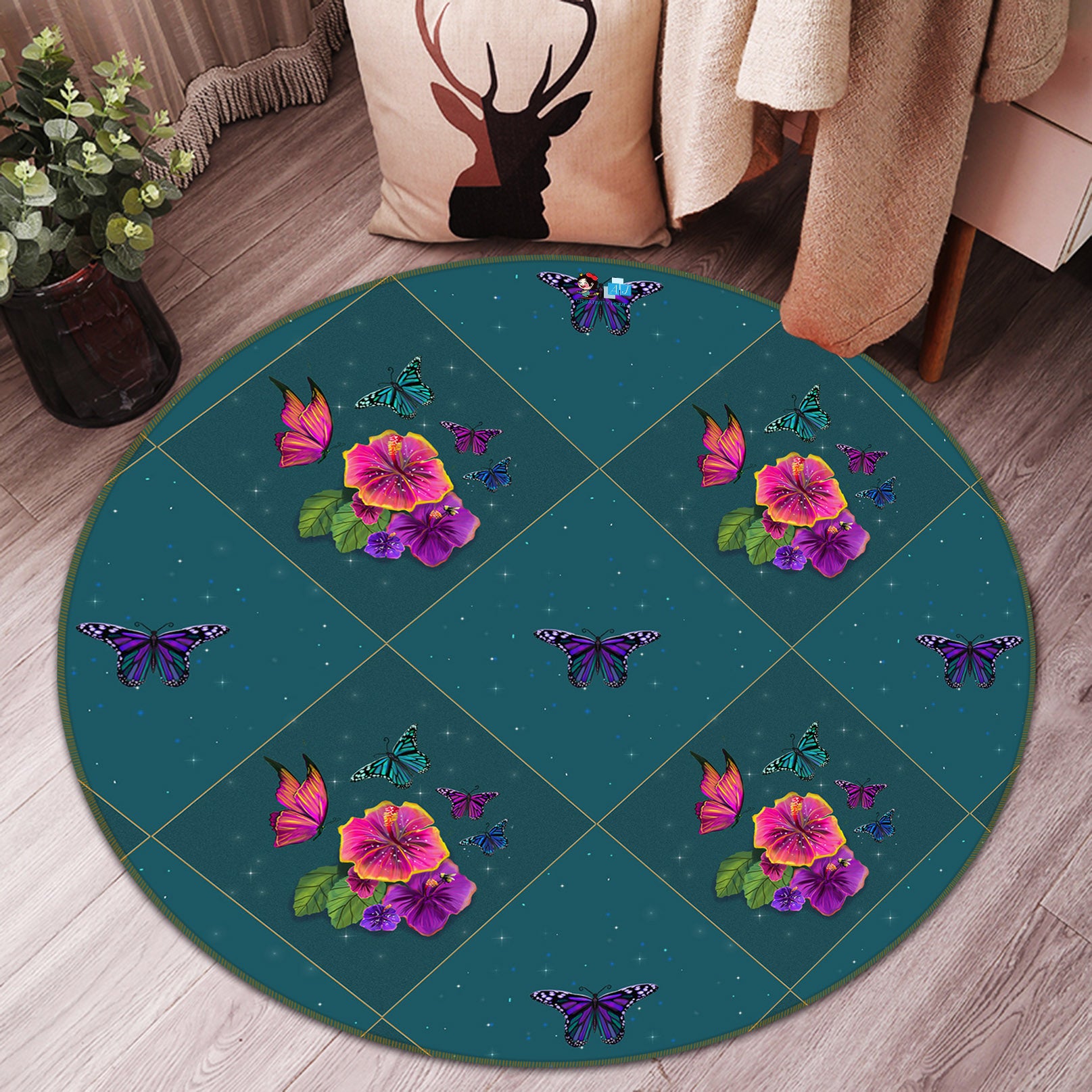 3D Flowers Purple Butterfly 83178 Rose Catherine Khan Rug Round Non Slip Rug Mat