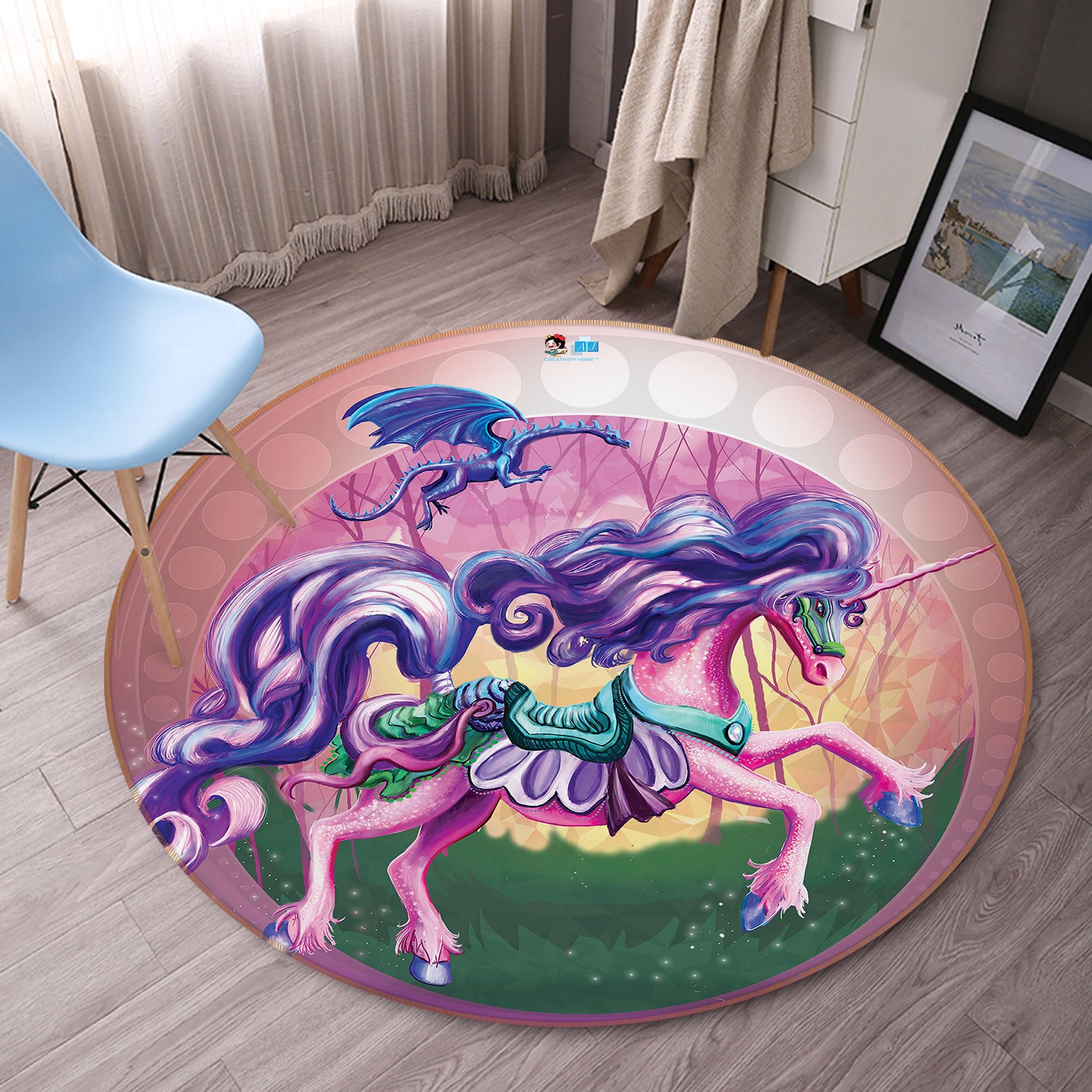 3D Color Blue Unicorn 83170 Rose Catherine Khan Rug Round Non Slip Rug Mat