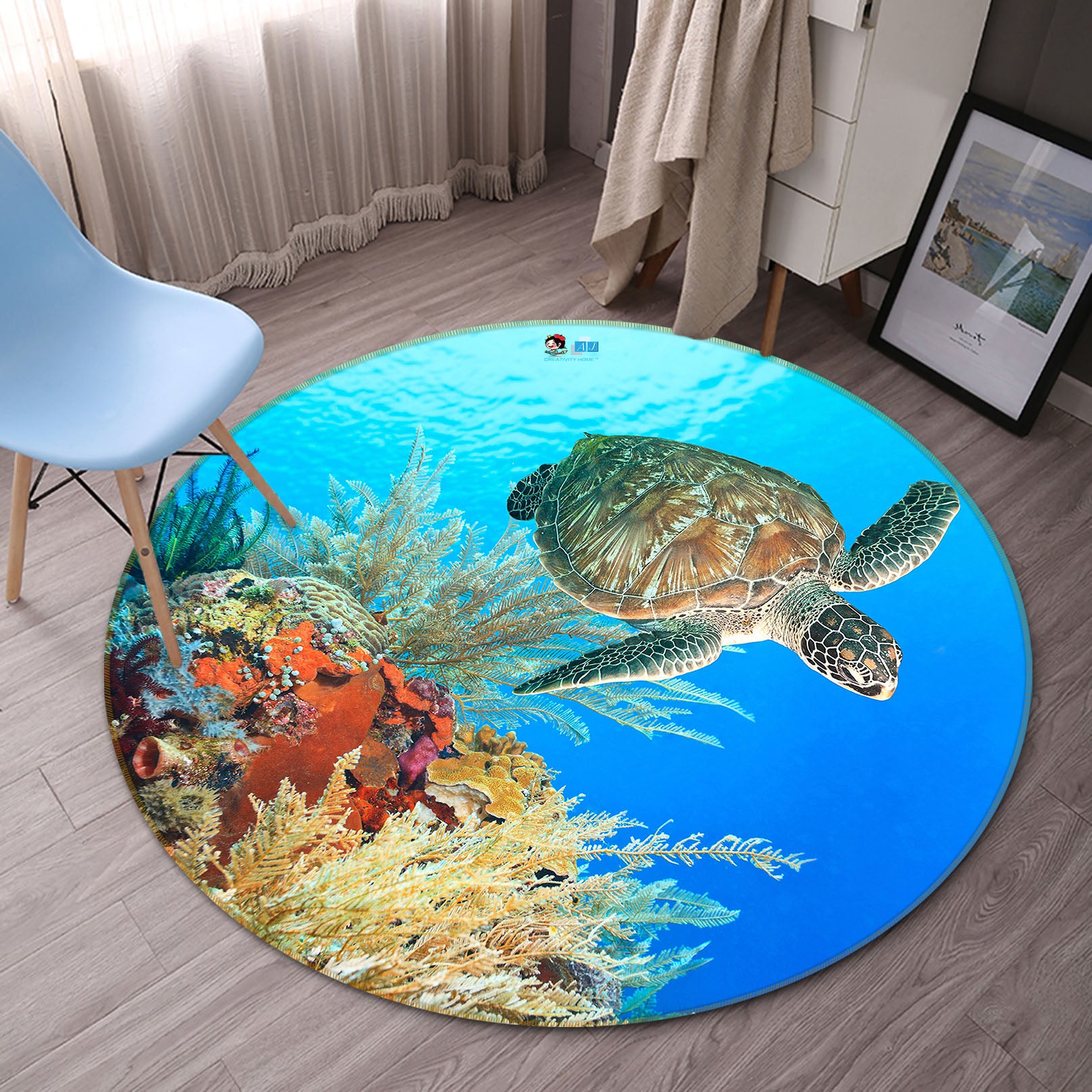 3D Sea Turtle 74130 Round Non Slip Rug Mat