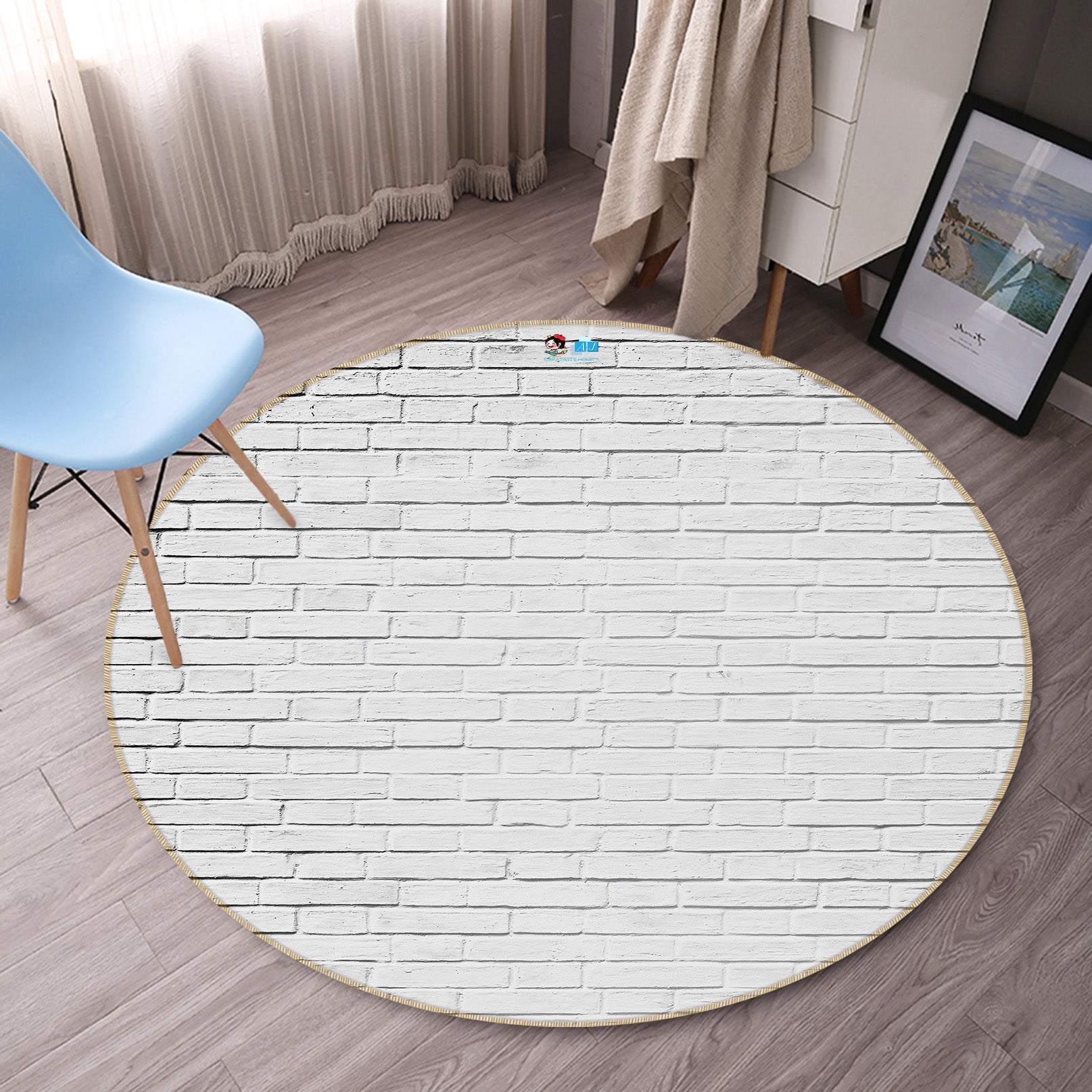 3D White Brick Wall 74006 Round Non Slip Rug Mat