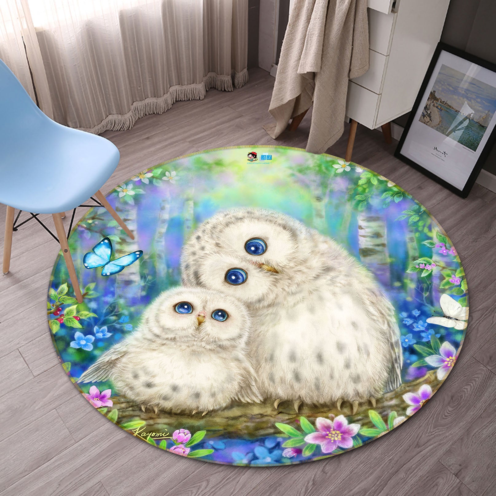 3D White Owl Butterfly 6043 Kayomi Harai Rug Round Non Slip Rug Mat