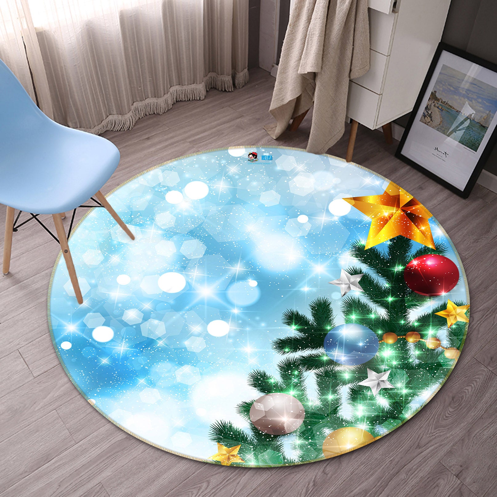 3D Tree 54150 Christmas Round Non Slip Rug Mat Xmas